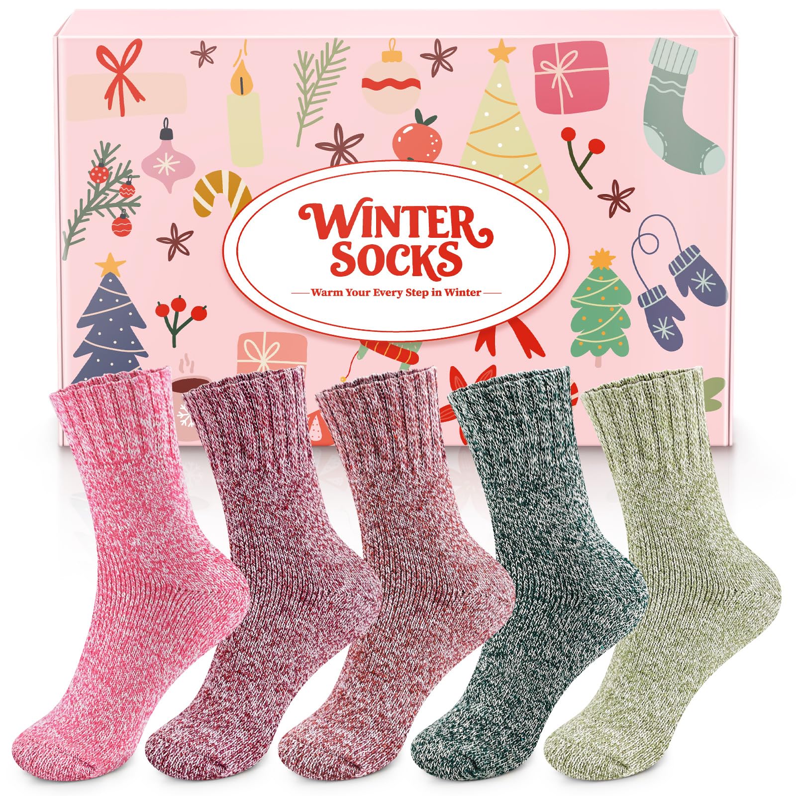 Thermal Winter Women Socks 5 Pairs Wool Warm Knitting Ladies Socks Vintage Style Soft Cotton Thick Woman Bed Sock Multicoloured for Home Office School Hiking, Ideal Christmas Gifts for Women