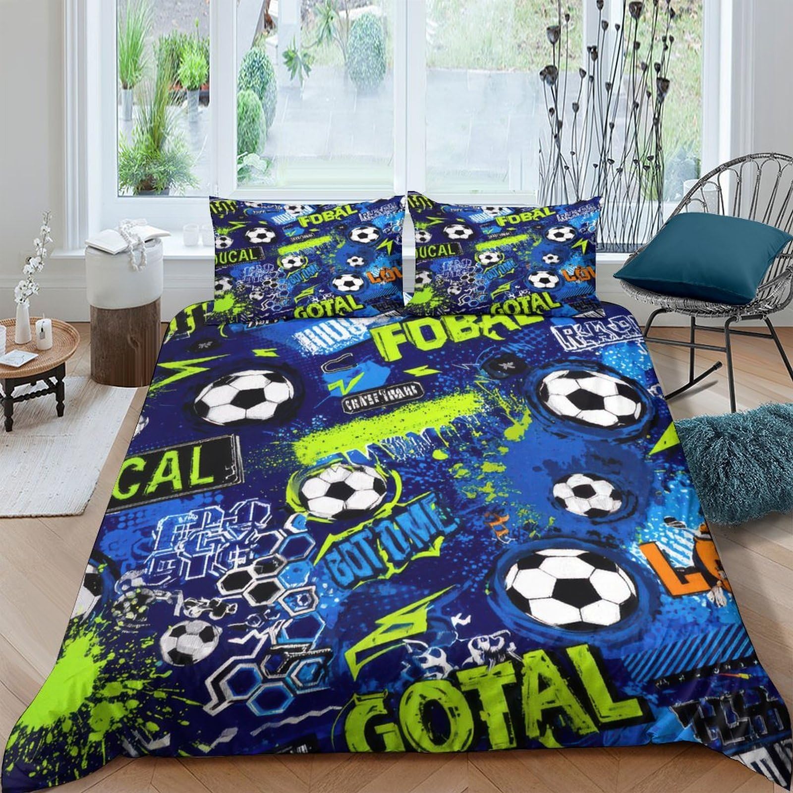 Ctjqhvkz Style-7 3D Printed Graffiti Soccer Fitted Sheet Microfiber Soft Blue Football Mattress Cover For Bedroom Dorm Decorative Protection Single（135X200cm）