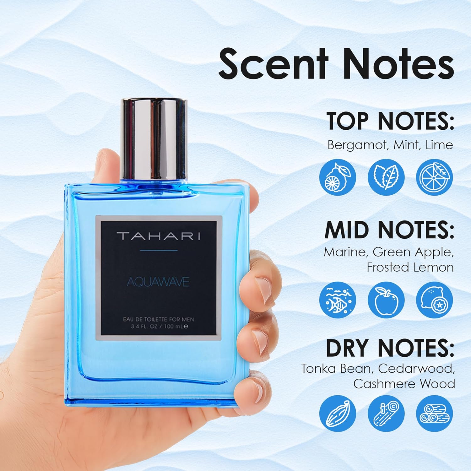 TAHARI Aquawave Eau de Toilette for Men - Long-Lasting Fresh Aquatic Cologne with Bergamot, Marine & Cedarwood - Bold, Clean & Refreshing Men’s Fragrance Spray 3.4 fl oz / 100 mL