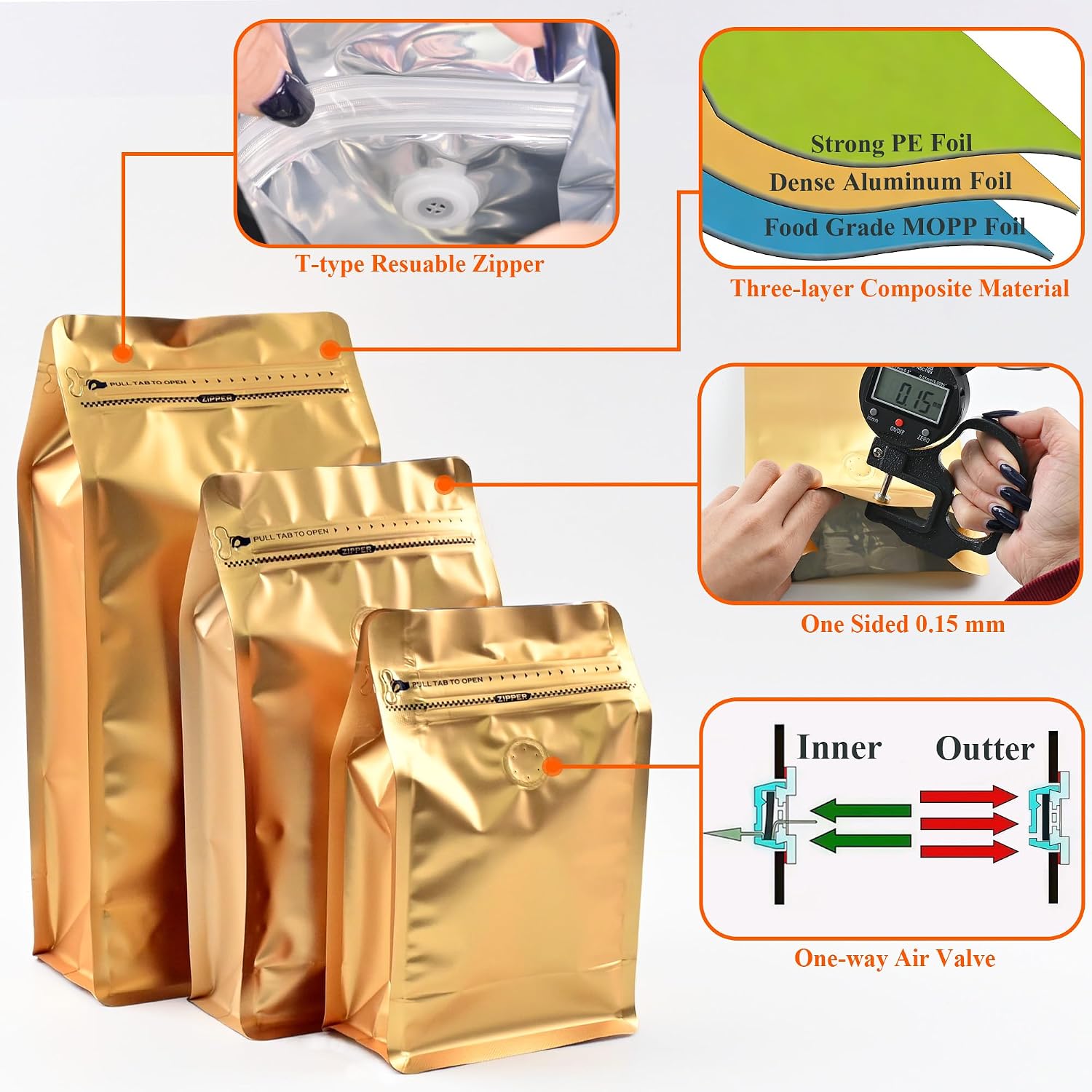 12mil Gold Coffee Bags with one-way Valve(150Pcs,Large(2lb/32oz)) image 3