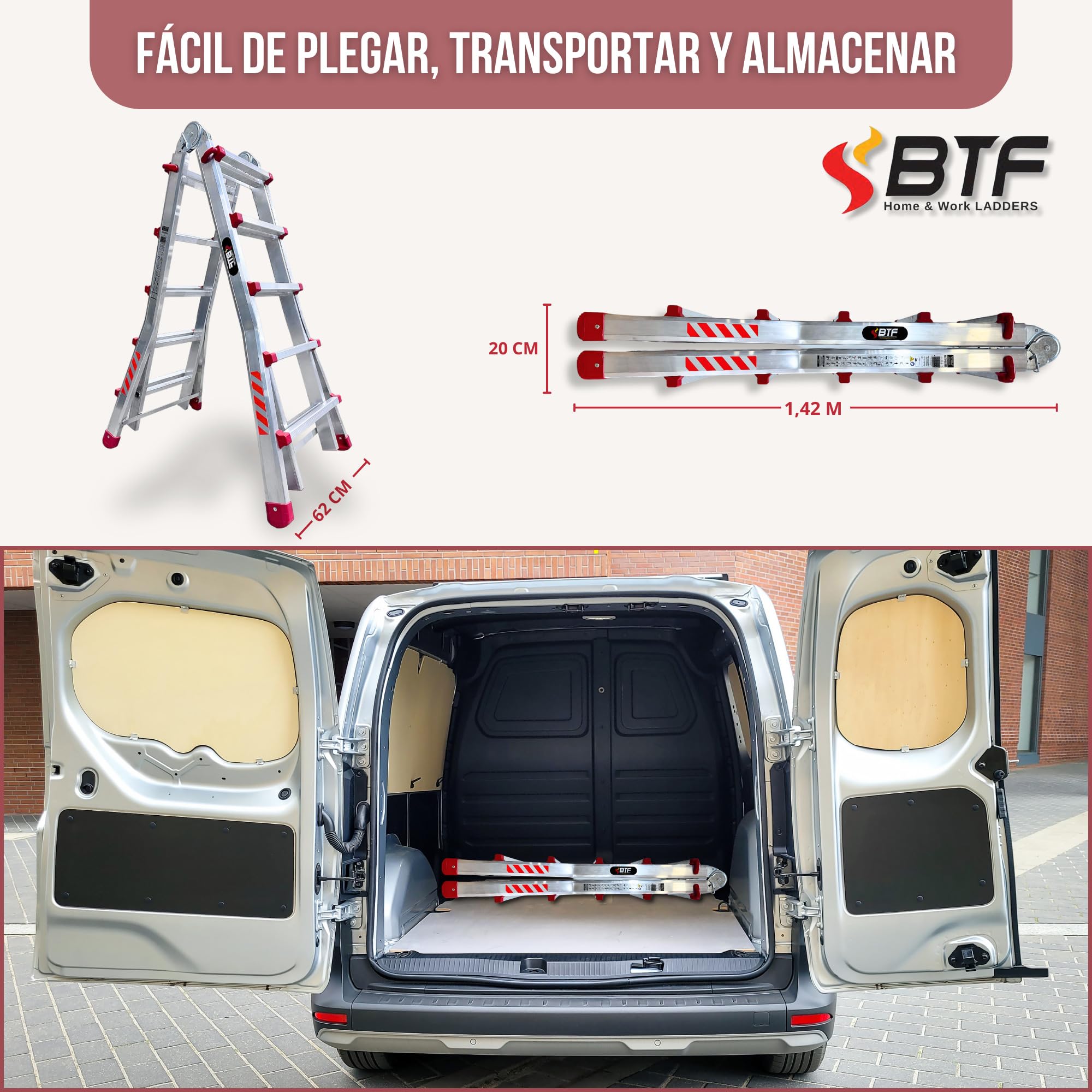 BTF Premium Escalera Telescópica hasta 20 Peldaños | Escaleras Plegables Aluminio | Escalera Extensible 4,7 Metros y 150kg | Multiposición Ladder | Escada Certificación EN131