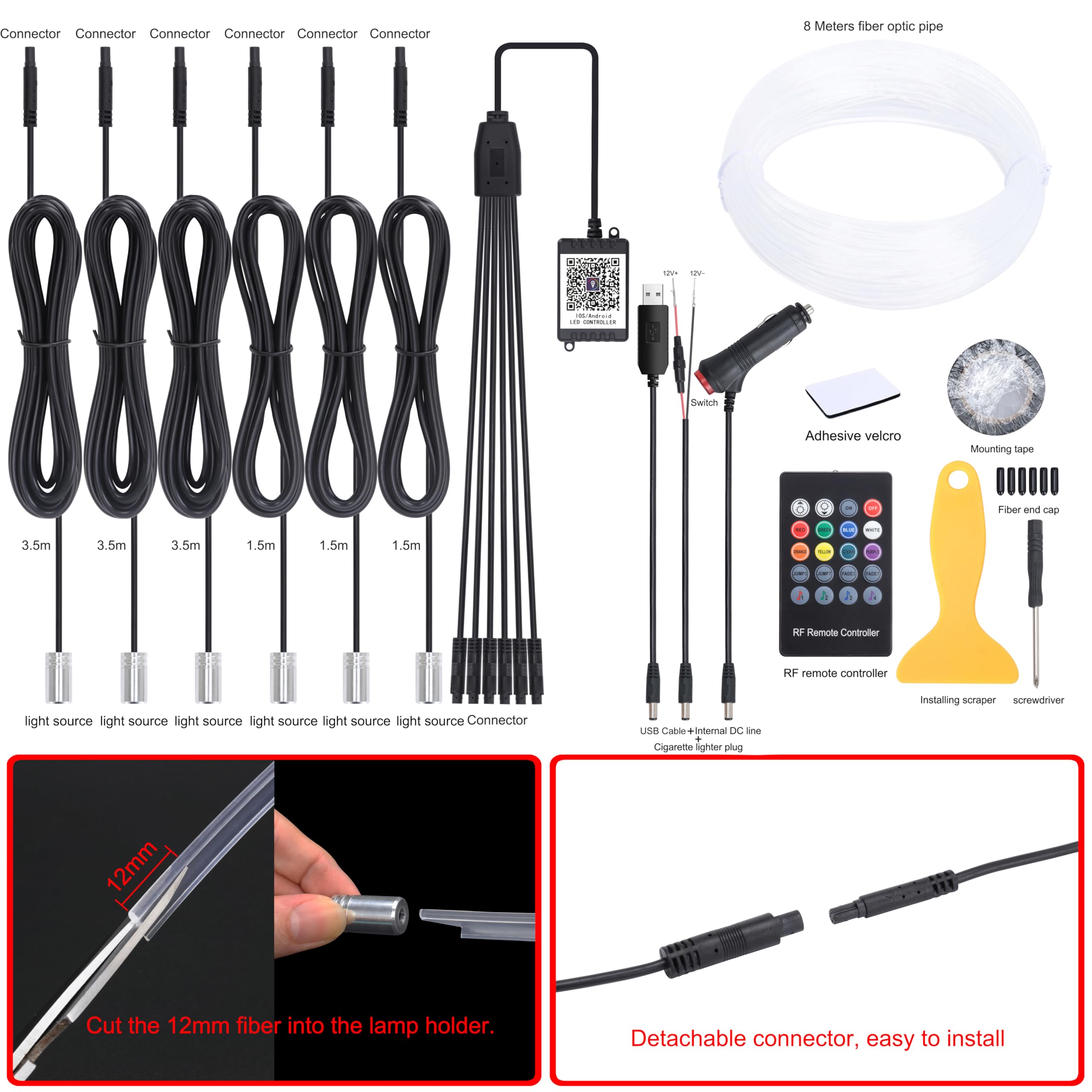 8 metri di fibra ottica Auto illuminazione ambientale con Bluetooth App Control + RF telecomando 64 colori musica multicolore Kit di illuminazione interna DC 12V 1W