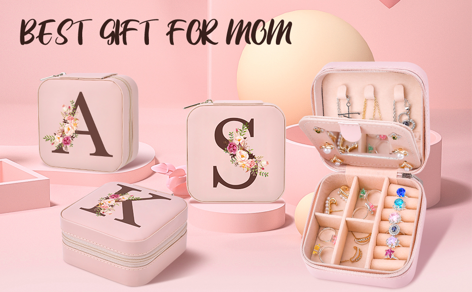 MFXIP Cadeau 2025 Pour Elle – Boîte à Bijoux De Voyage, Petite Boîte De Rangement à Bijoux De Voyage, Initiale Personnalisée Rose, Cadeau Pour Femmes, Adolescentes Et Filles