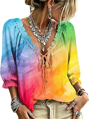 Lace Up Peasant Tops for Women V Neck Ruffle 3/4 Sleeve Shir