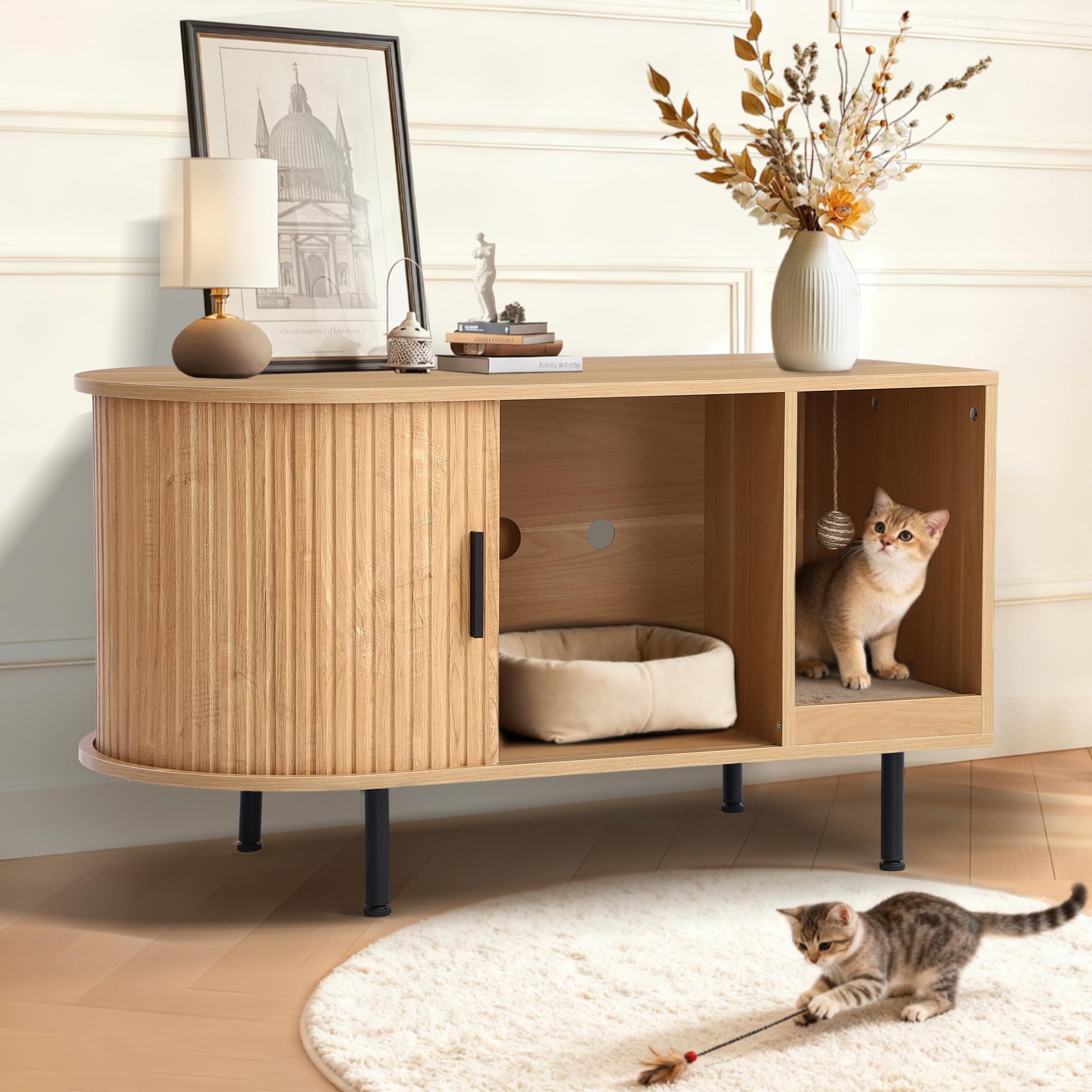 Cat Litter Box Furniture Enclosure with Scratch Pad, Hidden Fluted Cabinet with Sliding Door, Multi-Functional Modern Cat House as TV Stand or End Table (Natural, 37.4" L)