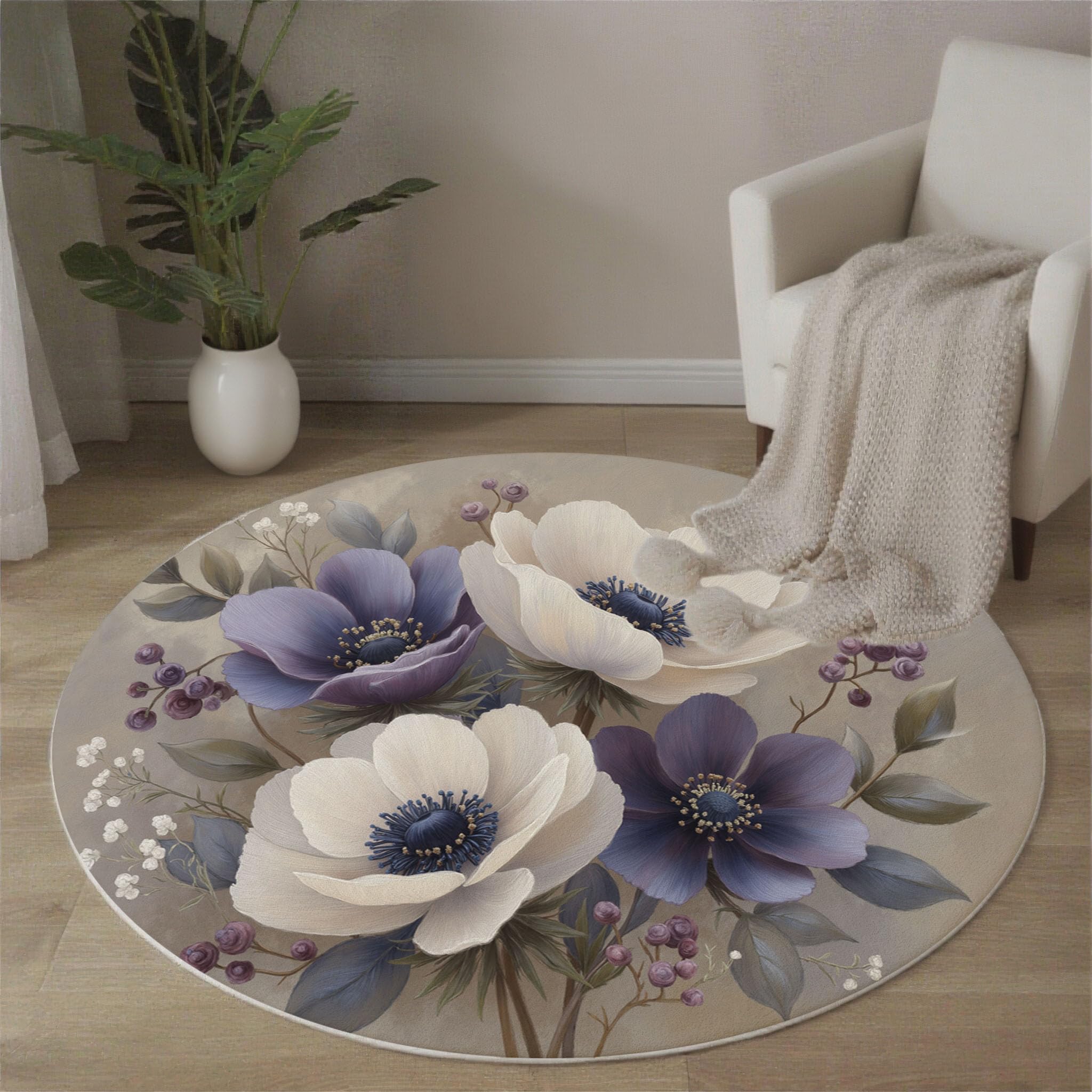 Tapis rond salon floral 120cm antidérapant doux à bords cousus
