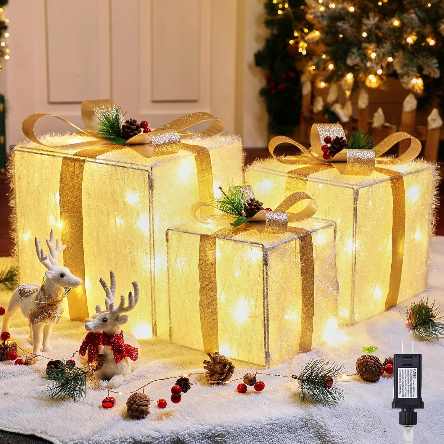 3 Pieces Christmas Decorations Lighted Gift Boxes, 12" 10" 8" Foldable Xmas Gift Boxes with LED Lights, Bows, Berries and Pinecones for Indoor Outdoor Christmas Tree, Yard, Party Decorations