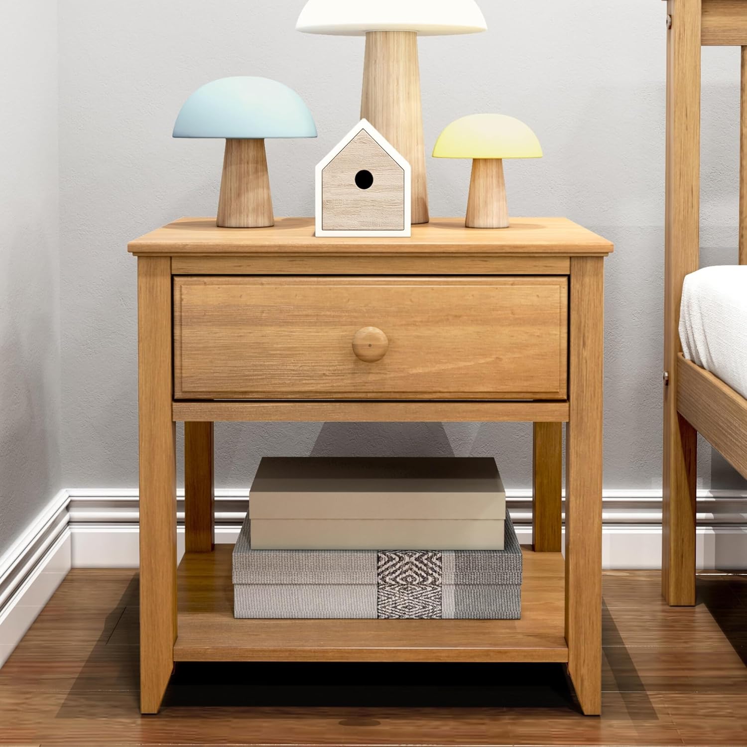 Max & Lily® Kids Wooden Nightstand with Drawer & Open Shelf, Solid New Zealand Pine, Low-VOC, Easy Assembly, Pecan