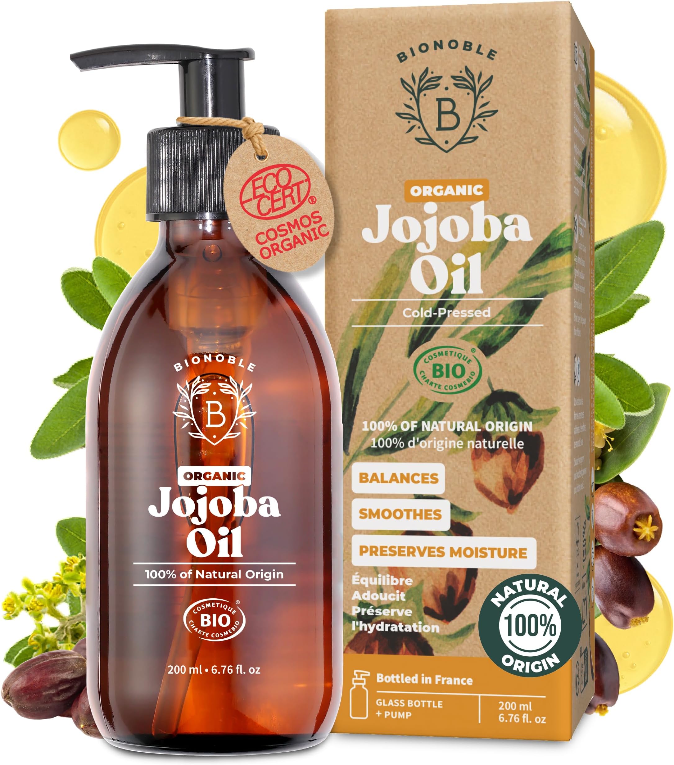 BIONOBLE Organic Jojoba Oil Cold Pressed Unrefined - Balances Sebum, Smoothes, Anti-Acne - 100% Pure Jojoba Oil for Skin, Face, Hair, Body - Vegan, Hexane Free - Glass Bottle and Pump - 200ml