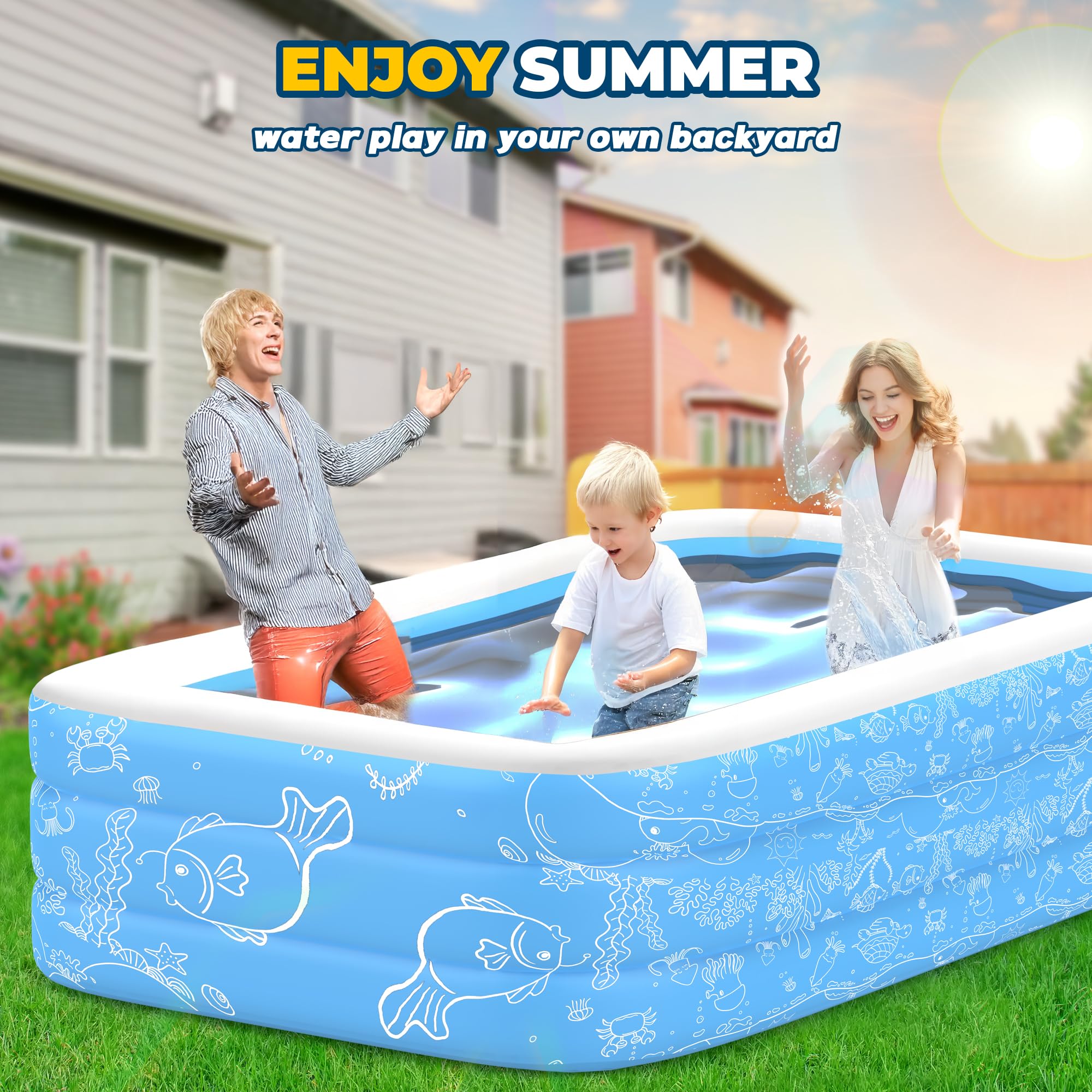 CACSPS Aufblasbare Schwimmbecken 300 x 165 x 56 cm Großes Pool für Kinder und Erwachsene Langlebiges Familien-Freizeitpool
