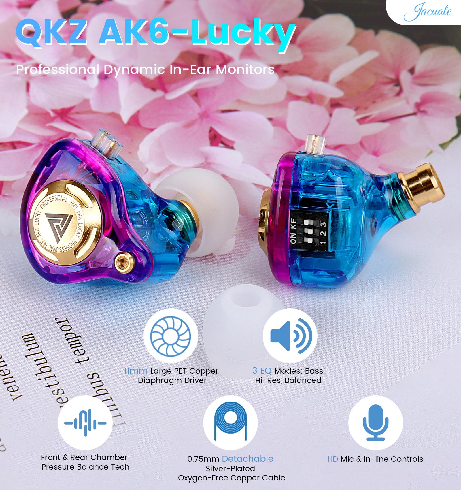 Auriculares para juegos con cable con micrófono, controlador dinámico de 11 mm, monitores intraurales, interruptor de afinación ajustable de 3 vías, cable desmontable, auriculares IEM, auriculares con