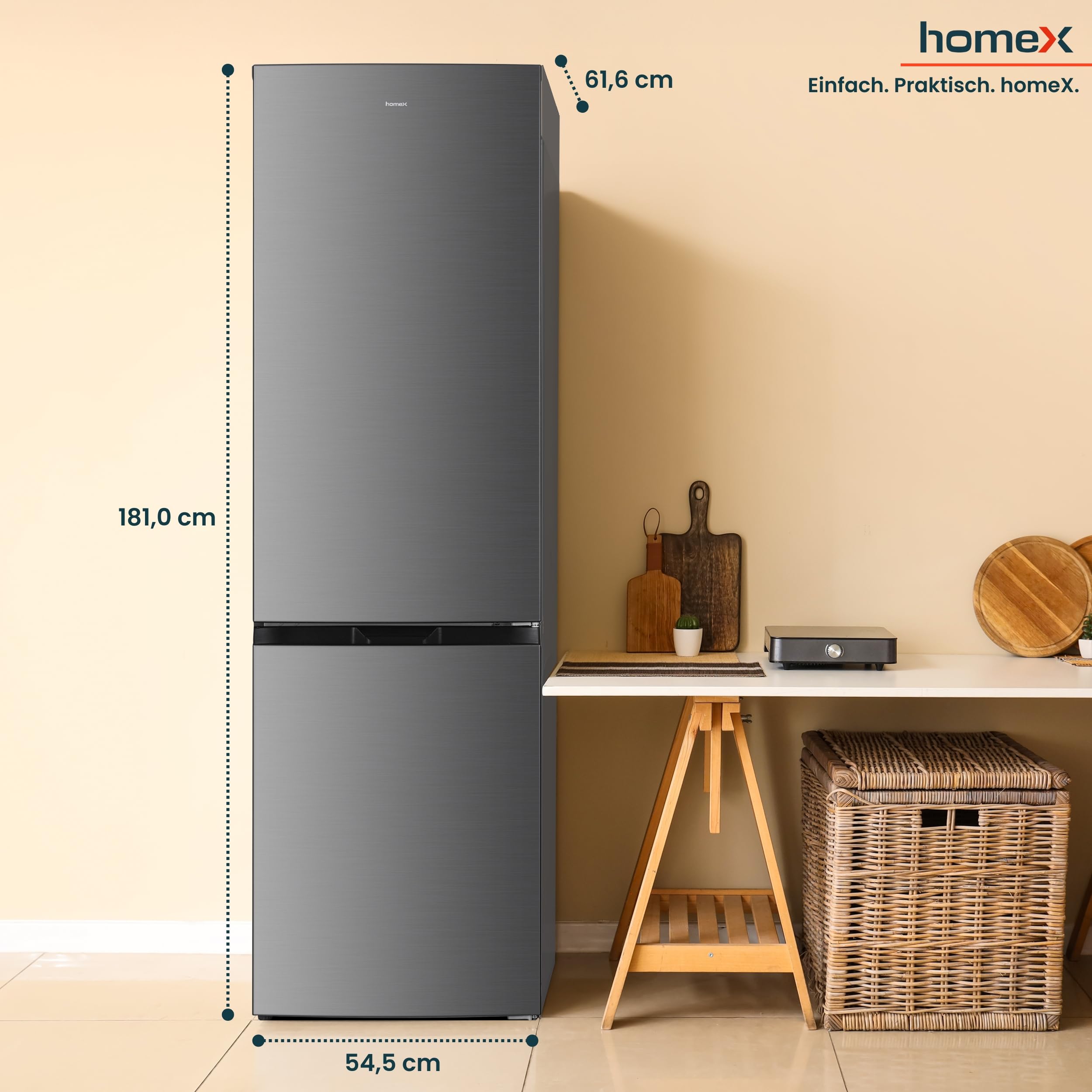 homeX Kühlschrank mit Gefrierfach No Frost, Kühl-Gefrier-Kombination freistehend, groß - 253 Liter, Super-Frost-Funktion, leise Kühlgefrierkombi, EEK C, Kühl Gefrierkombination, silber, CFSN2531C-S