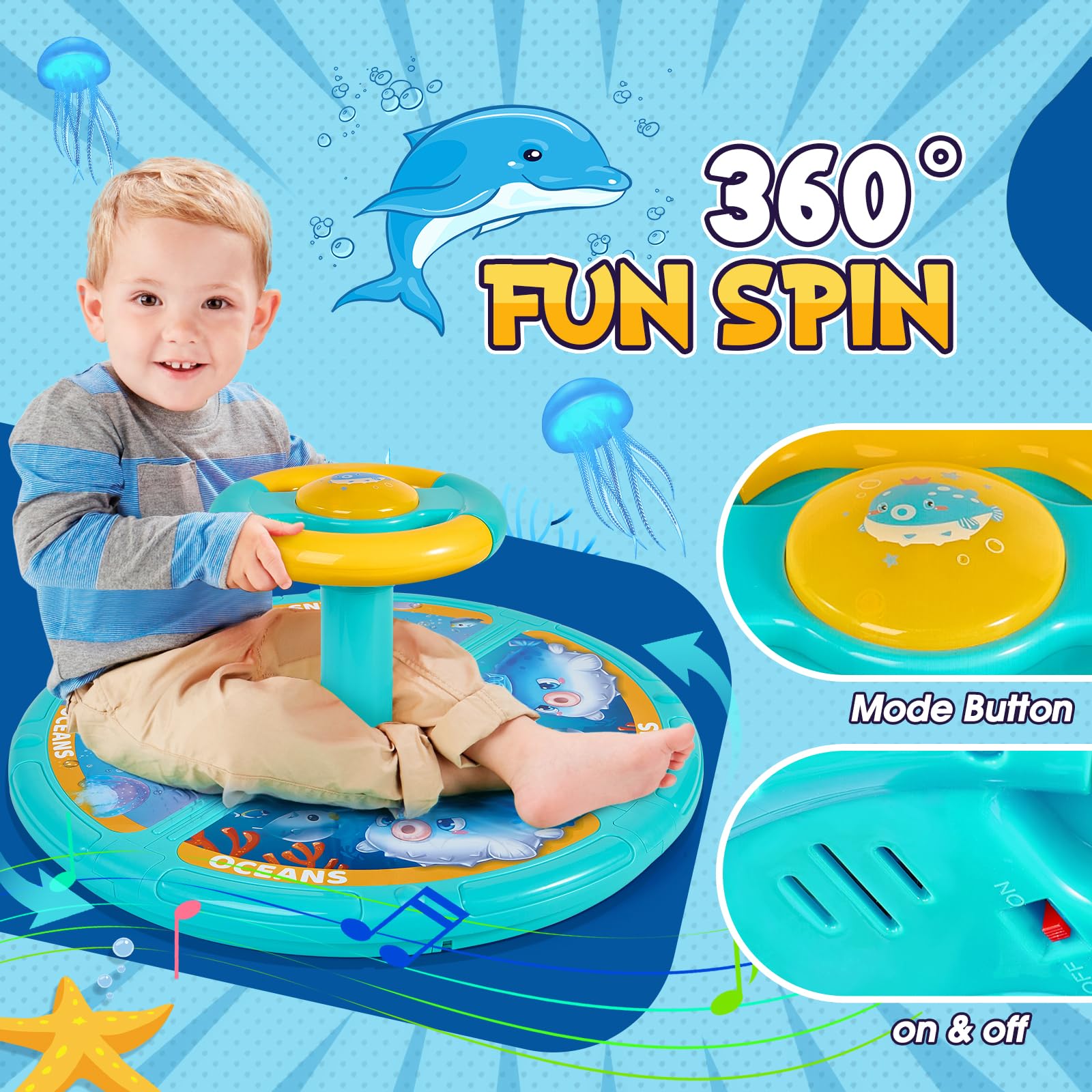 GODELAIF Sit and Spin, Christmas Birthday Gift Toddlers Sit and Spin Toy for 3 4 Years Old Girl Boy, 360° Ocean Interactive Sensory Spinning Toys for Ages 2-10 Kids LED & Sound with Free Stickers