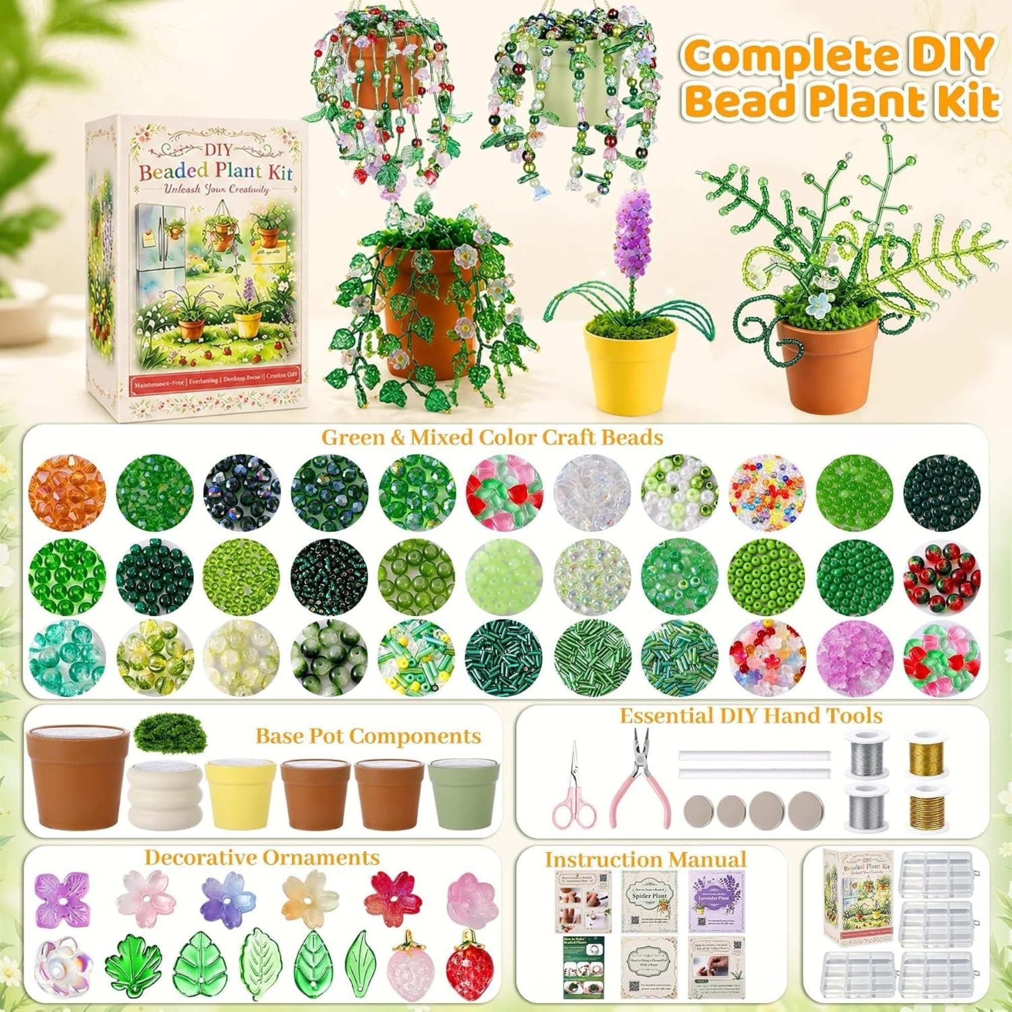 Perlenpflanzen DIY Set mit Grüne Perlen Töpfen Werkzeugen und Anleitung (A) | Kühlschrankmagnete, Grüne Glasperlen zum Auffädeln, Perlen-Set für Pflanzen-Liebhaber und Bastler