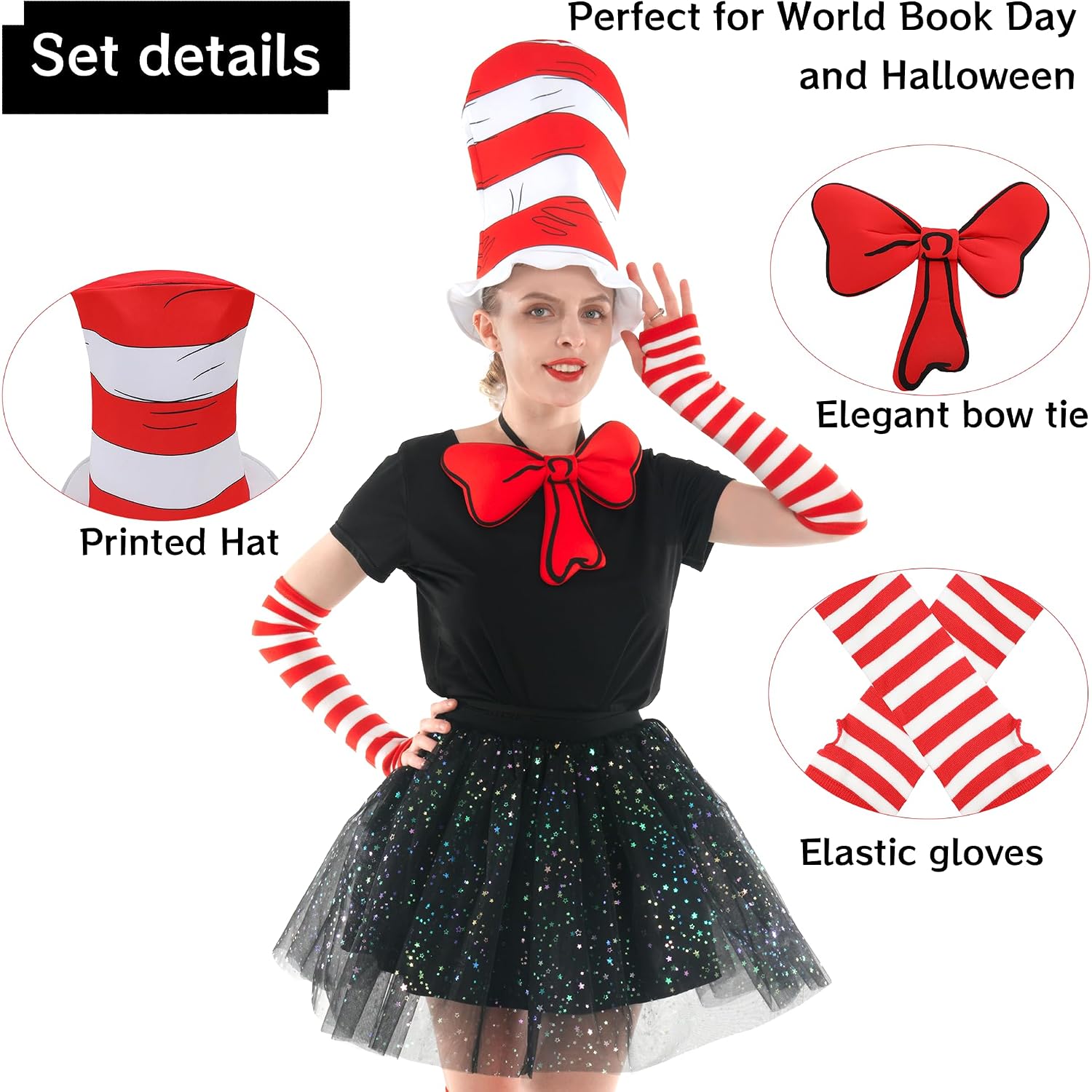 Wizland Accessories for Read Book Day Costume，Cat Hat in White and Red Stripe Print Suit，Book Character Cosplay for Kid Adult