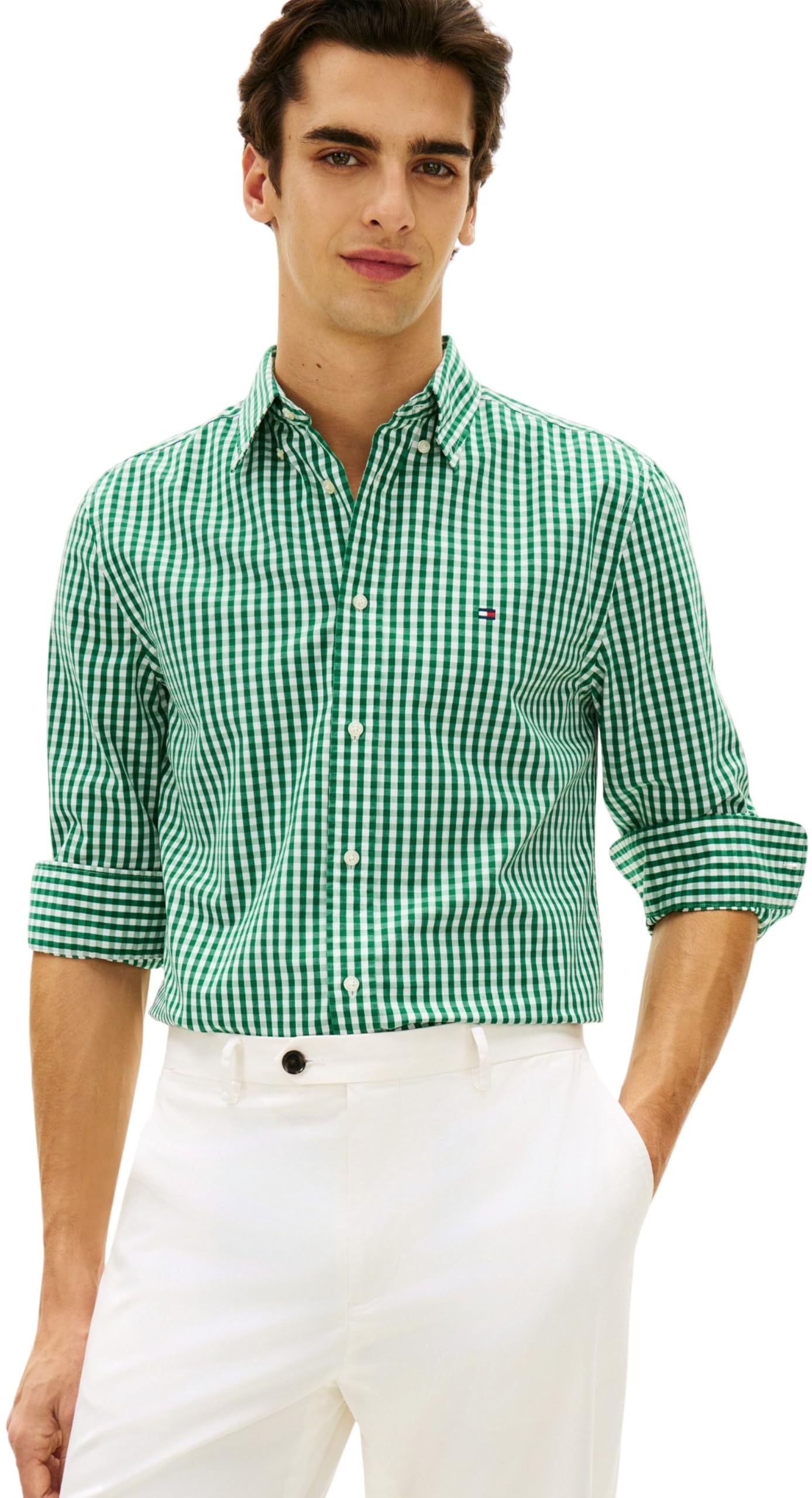 Tommy Hilfiger Men's Flex Poplin Gingham Rf Shirt Mw0Mw37548, Green, M