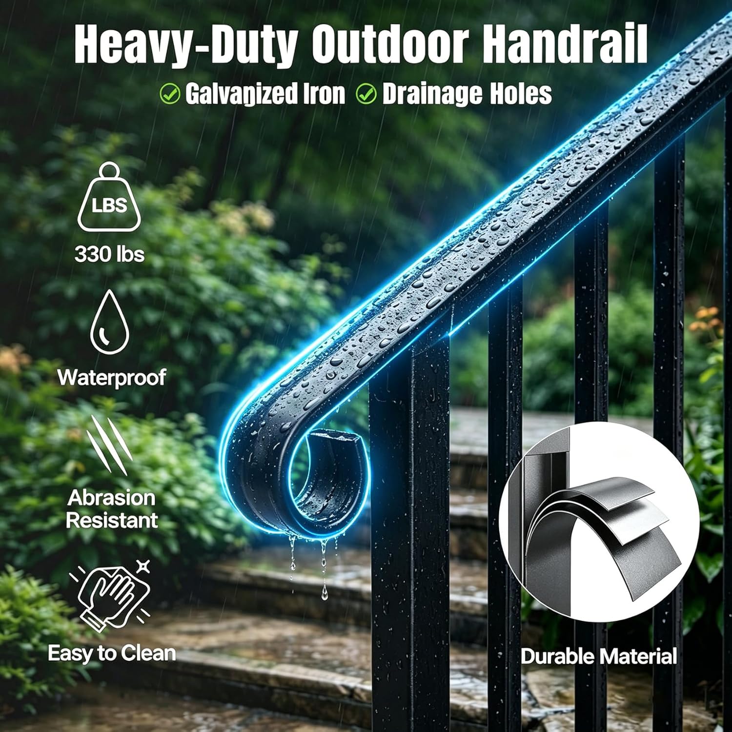 2 Pack 3 Step Handrails for Outdoor Steps, Fits 2 or 3 Steps Galvanized Iron Stair Railing, Metal Hand Rail with Installation Kit, Staircase Handrails for Concrete, Porch, Deck, Exterior Steps, Black
