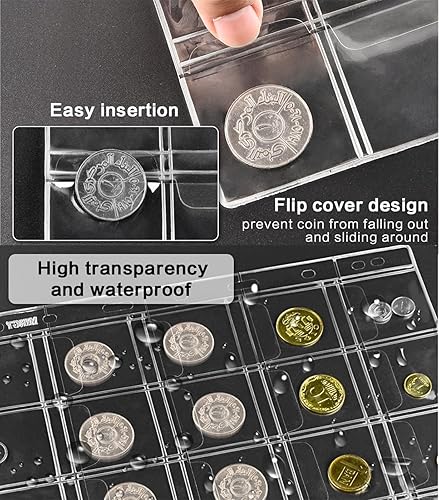 Miniatura 5 de Ettonsun Colección de monedas para coleccionistas, 200 bolsillos, álbum de recolección de monedas y 30 fundas de papel moneda, estuche de