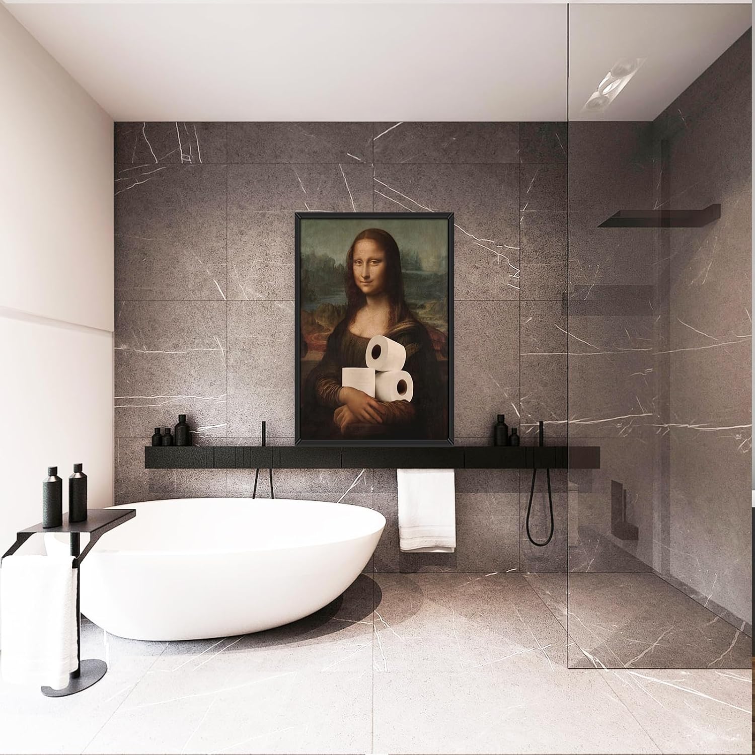 Funny Bathroom Canvas Wall Art Aesthetic Poster 24x36in Black Framed Vintage Humorous Classical Oil Painting Rustic Farmhouse Wall Decor for Restroom Toilet