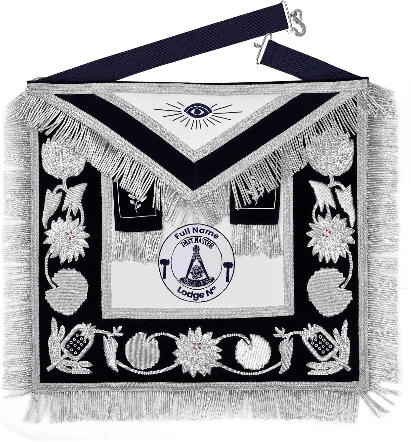 BRICKS MASONS Past Master Blue Lodge Apron - Customizable Embroidery Silver Bullion With Blue Velvet