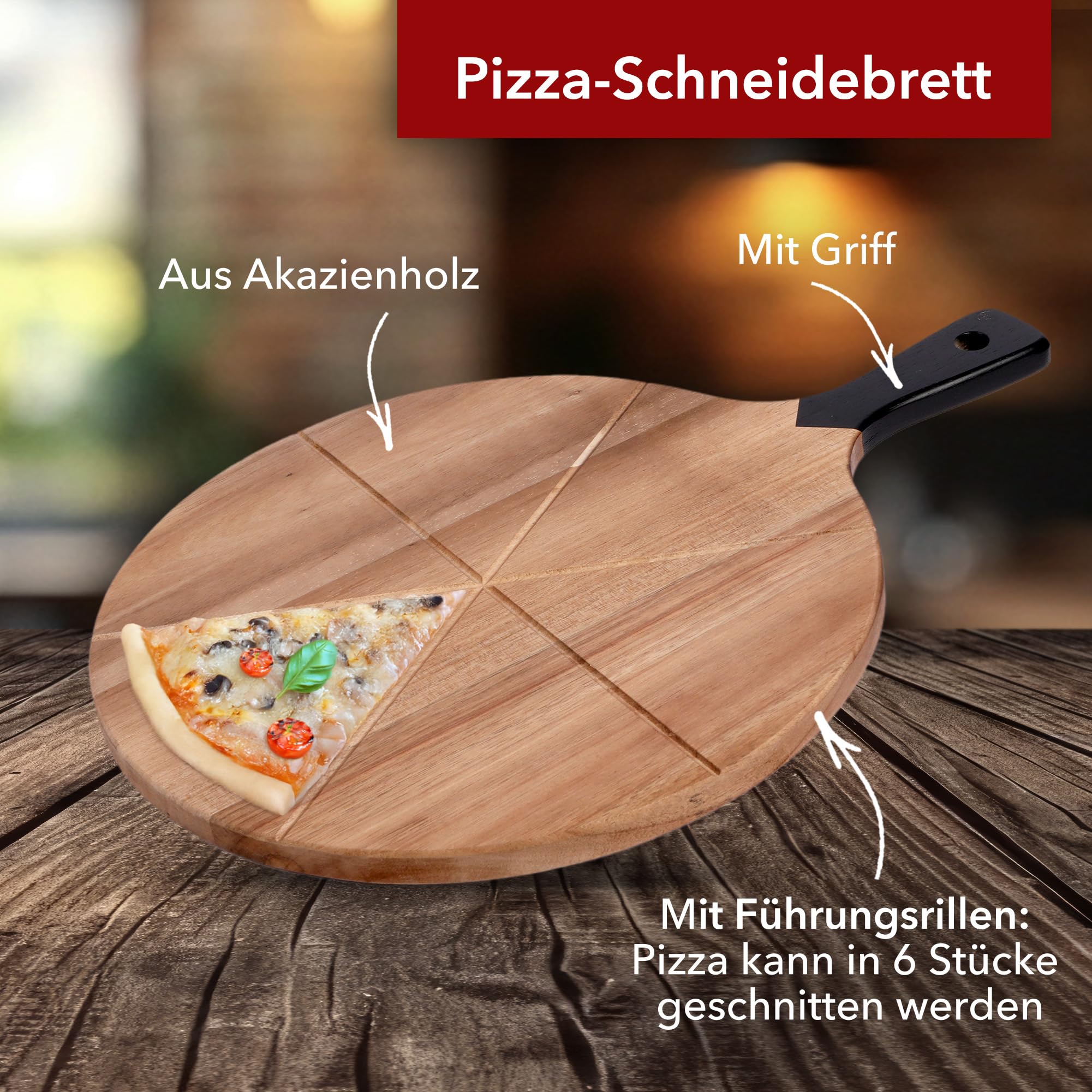 Pizza Set – Schneidebrett aus Holz (Akazienholz) mit Griff und Führungsrillen + Pizzaroller – 30 cm Durchmesser - Pizzateller groß, Servierplatte & Holz Schneidebrett in Einem