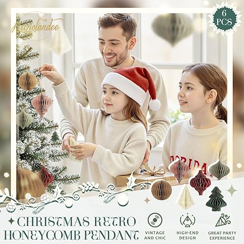 Miniatura 8 de NICROLANDEE Decoraciones de fiesta de Navidad  6 piezas 3D mini con borde de purpurina de papel de panal de abeja verde, rojo, marrón, marfil, gris,