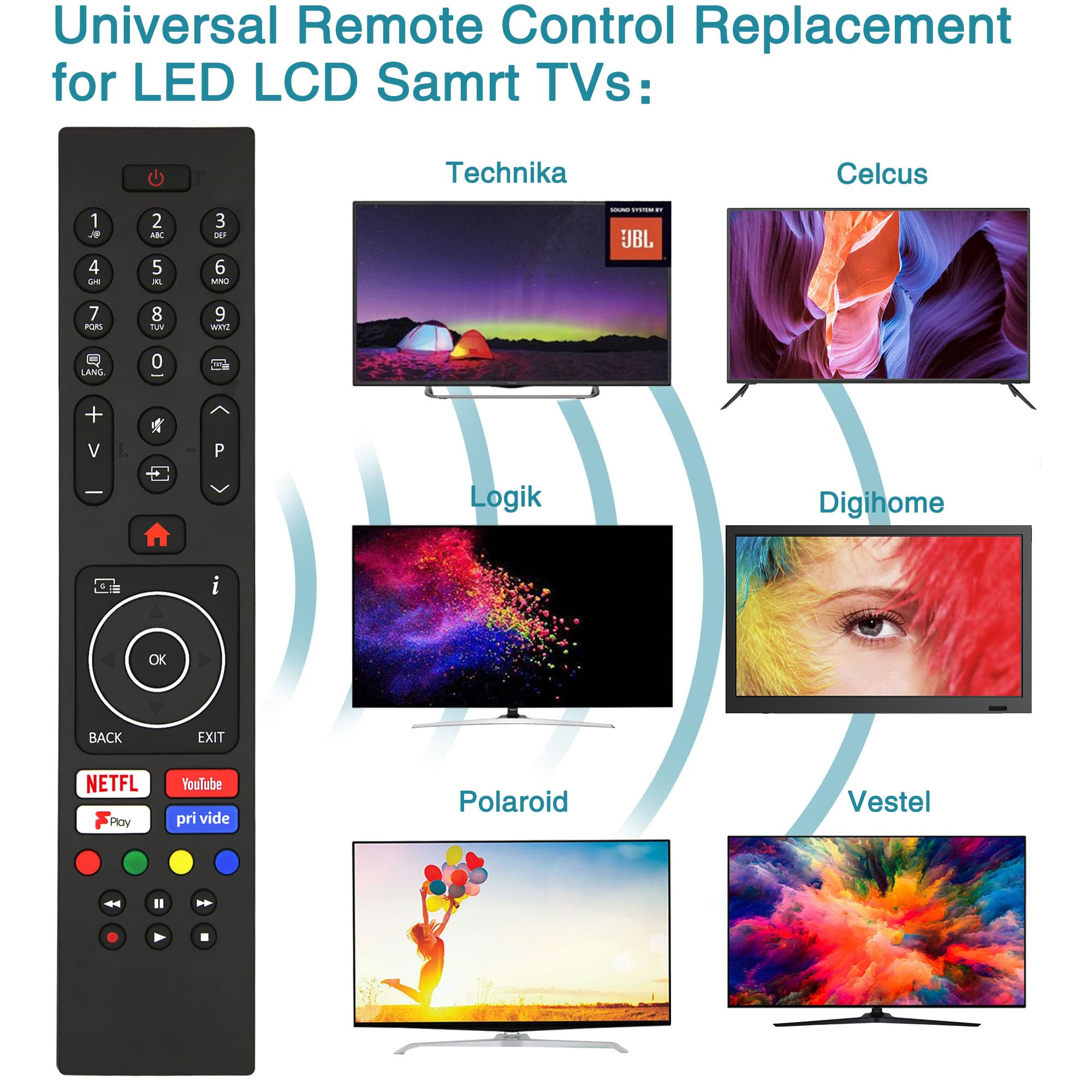 VINABTY RC43137P Télécommande Universelle Pour TV Bush, Digihome, Techwood, Finlux, Electriq – Boutons Netflix, Prime Video, YouTube – Sans Programmation