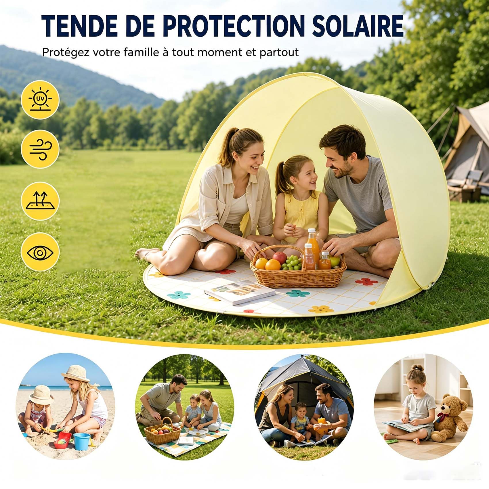 Tente De Plage Pop-Up pour 3-4 Personnes, Abri De Plage Anti-UV UPF 50+ avec FenêTres en Filet, Pliable Et Portable, IdéAl pour Plage, Jardin, Vacances, Camping, Pique-Nique (A)