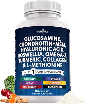 Glucosamine Chondroitin, MSM, Turmeric Curcumin, Collagen, Hyaluronic Acid, Omega 3 Joint Health Supplement for Men & Women 120 Count