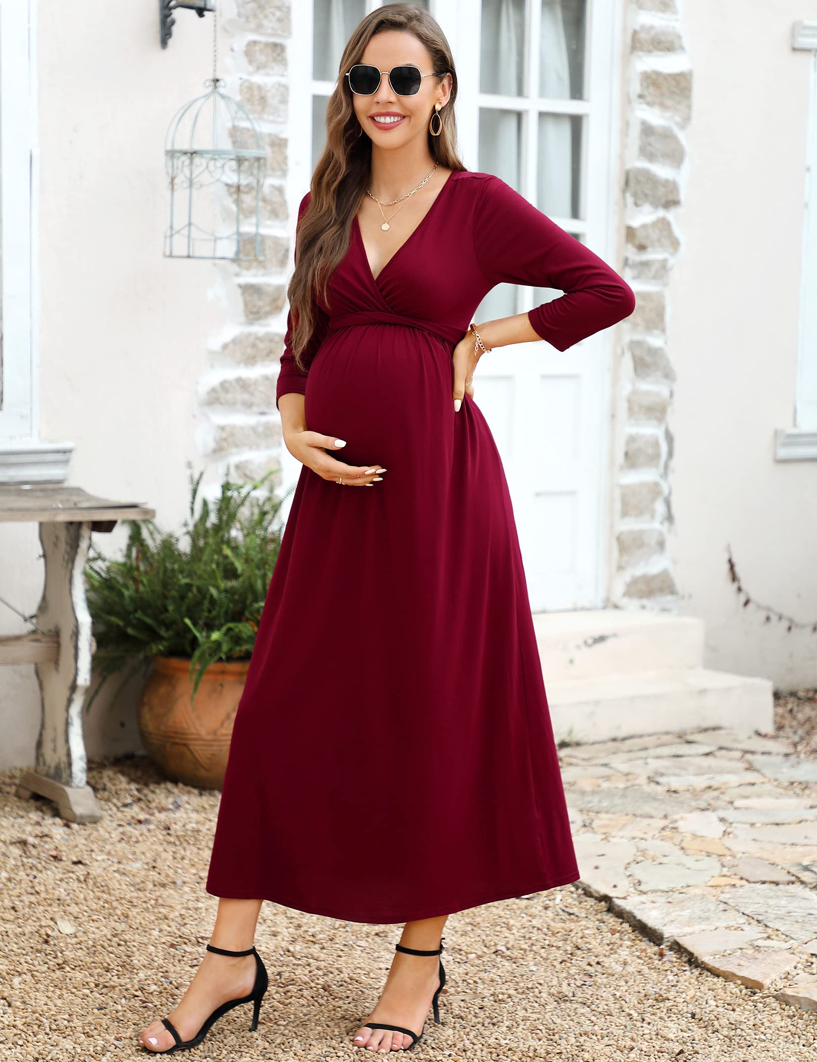 KOJOOIN Vestido de Maternidad para Mujer con Cuello en V Vestido Largo de Lactancia Manga 3/4 Casual Plisado Vestido de Embarazo(Embalaje múltiple
