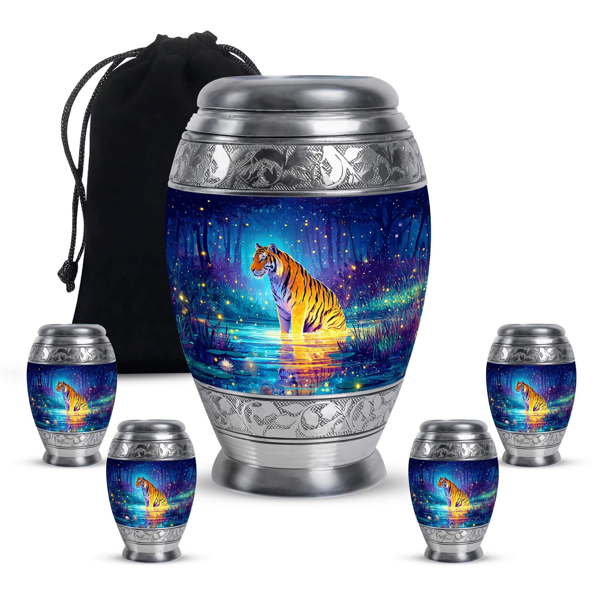 Tiger and Forest Memorial Urn, Cremation and Funeral Urns, Large Decorative Urn for Ashes, Burial Urns for Parents Ash, 10 Inch and 3 Inch Mini Keepsakes, Blue and Orange, Monar Shape, Pack of 4
