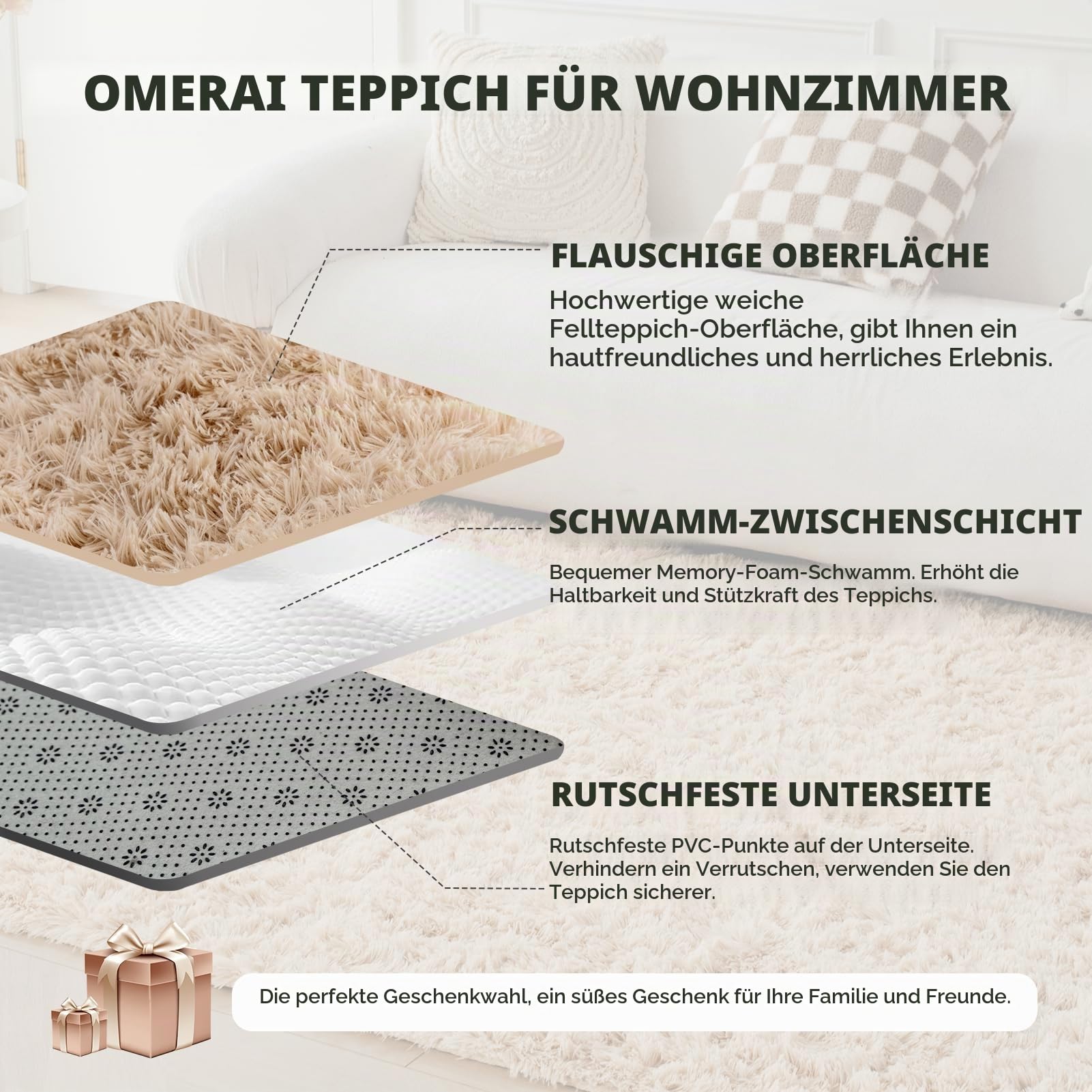 OMERAI Beige Waschbar Teppich Wohnzimmer - Hochflor Flauschig Carpet | 150X240CM Teppich Fellteppich Kunstfell Wohnzimmer Kinderzimmer Anti-Rutsch Unterseite Shaggy Weich Teppiche