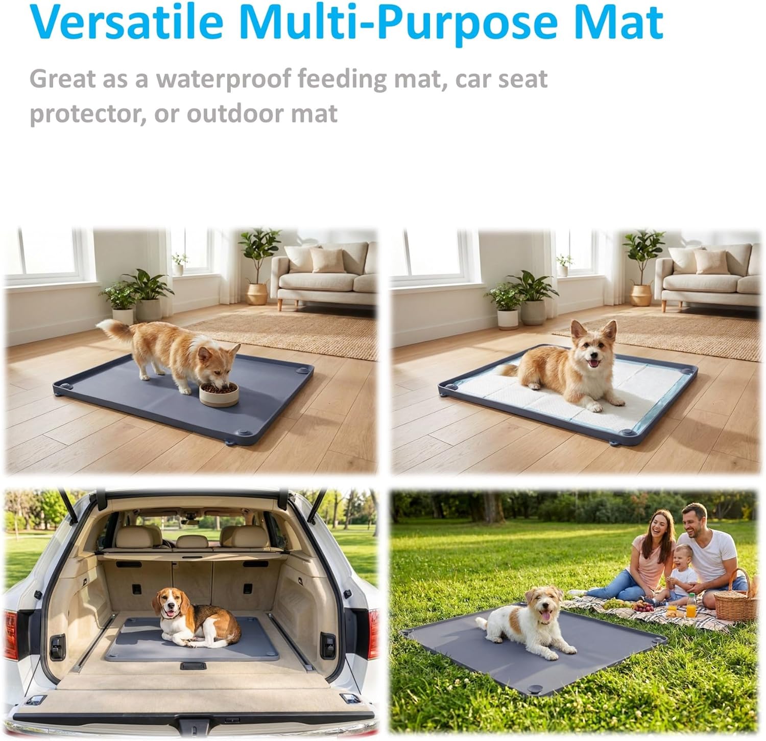 2-in-1 Silicone Dog Pee Pad Holder Tray (24" x 35", Deep Gray) - Non-Slip Potty Training Tray with Raised Edges & Corner Snaps - Wall-Mountable Indoor Dog Toilet & Splash Guard - Includes 2 Hooks