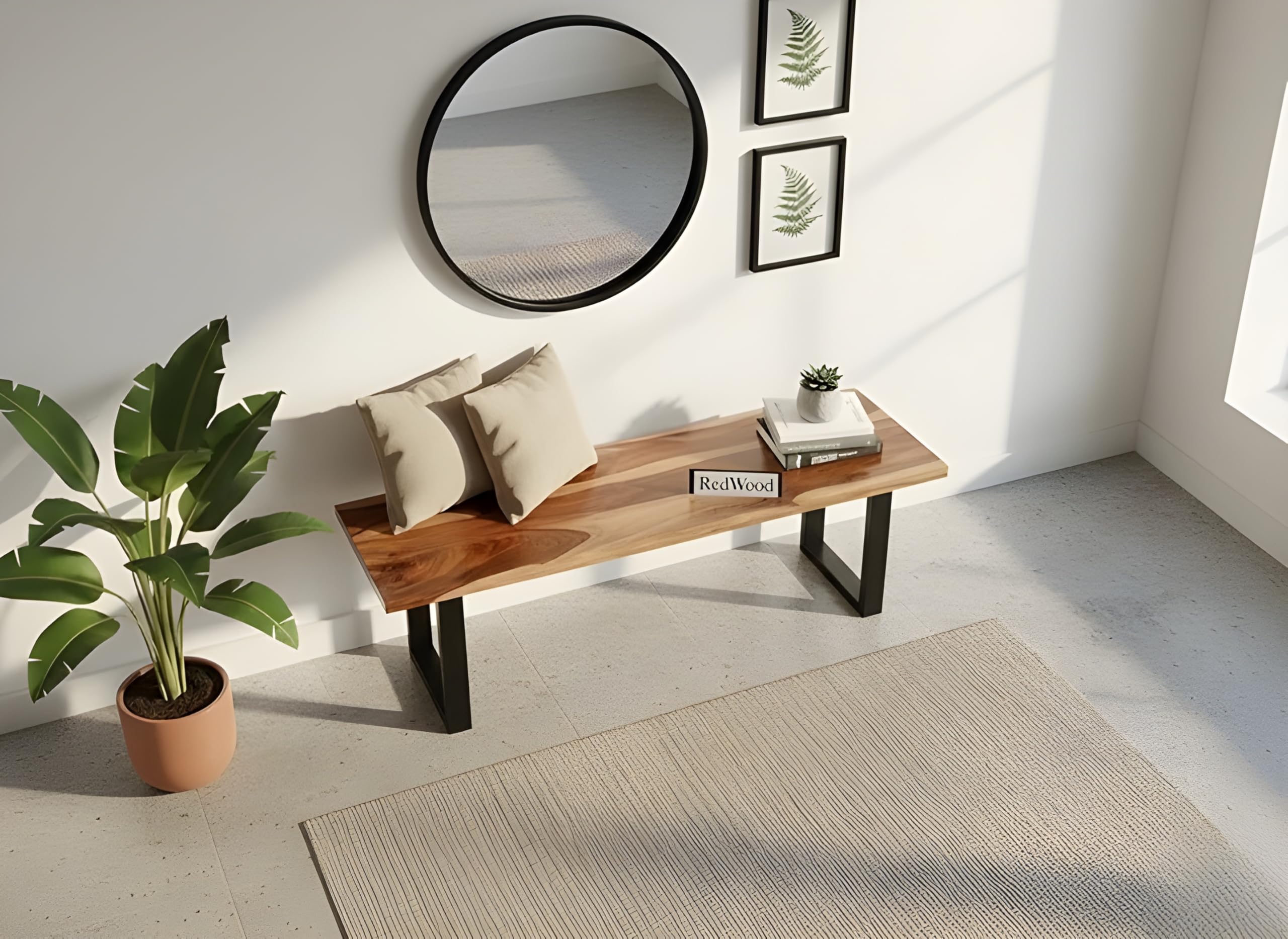 REDWOOD Solid Sheesham Wood 3 Seater Bench for Living Room | Wooden Dining Bench Without Cushion for Home | Patio Outdoor & Balcony Seating Furniture | Black Coated Iron Metal Legs| Brown-image-24
