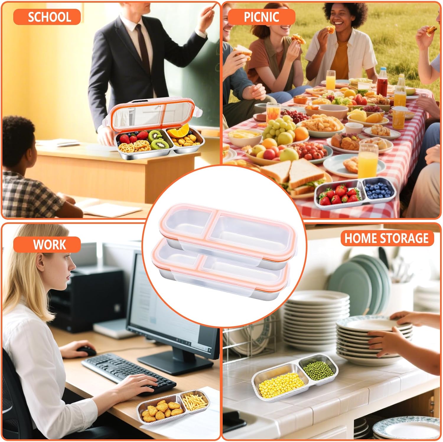 Pxiang Stainless Steel Snack Containers Reusable Double Compartment Condiment Box with Lids for Adults Divided Food Storage Containers Grab and Go Sauce Cups Bento Box for Outdoor Camping Travel - Image 6