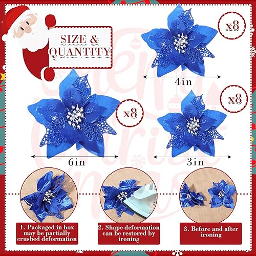 Miniatura 8 de Boao 24 flores de Pascua artificiales con purpurina para Navidad, boda, árbol de Navidad, Año Nuevo (azul verde)