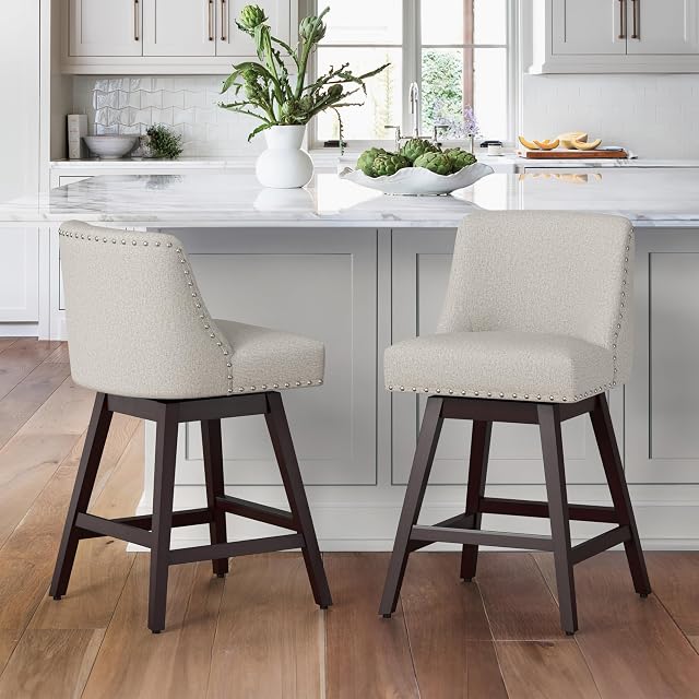 Cozyman 26 Tabourets à barres de pouce Ensemble de 2, Tabourets de comptoir pivotants gris clair avec le dos, Tabouret de bar rembourrés en tissu de lin, Pieds en bois massif avec repose-pieds, tabouret moderne pour l'île de la cuisine, Pub