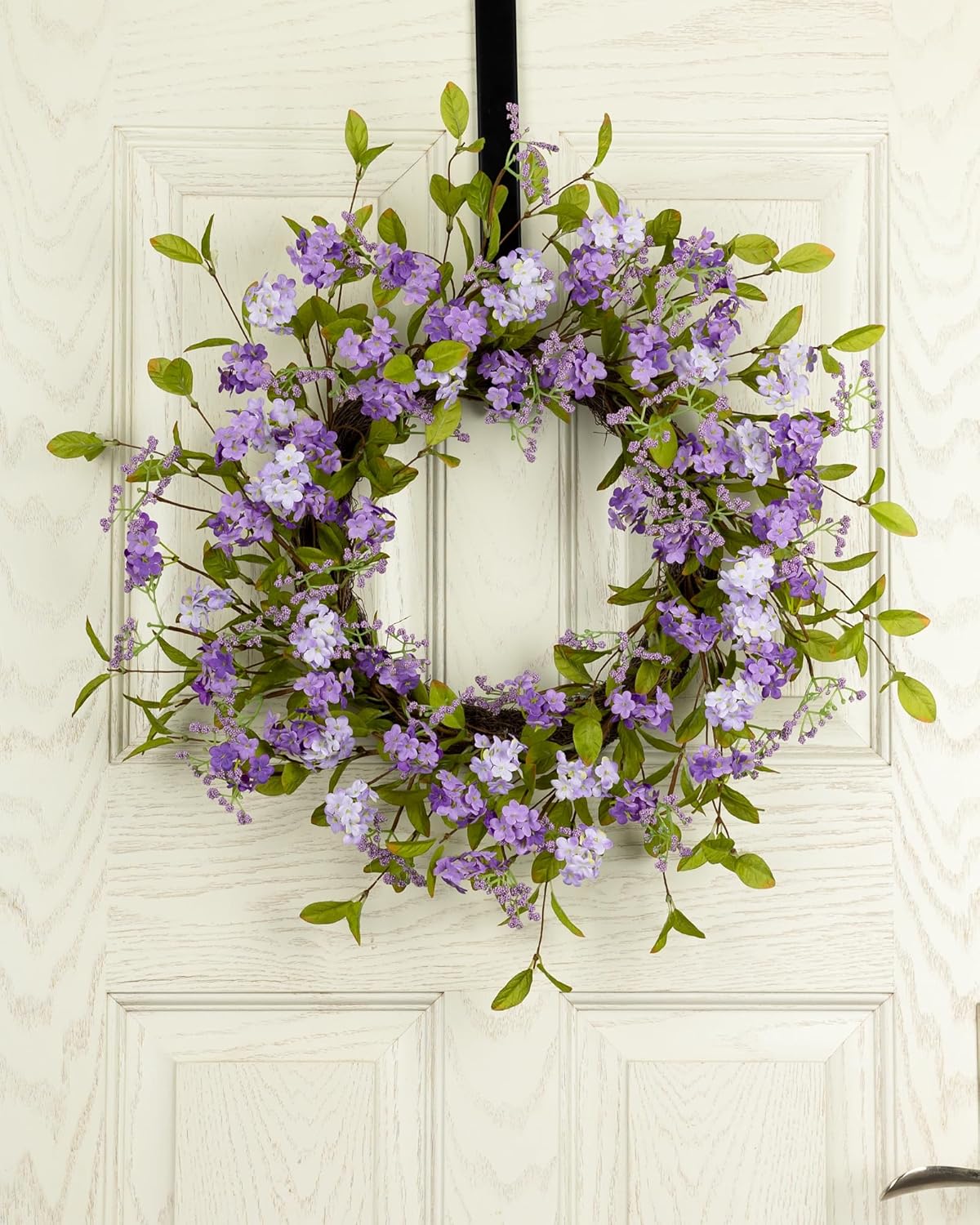 22" Spring Summer Wreath for Front Door, Artificial Lush Floral Purple Lilac Flowers Blooms Green Leaves Grapevine Base, Outdoor Indoor Wall Mount Home Decor