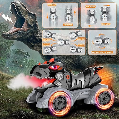 Miniatura 4 de Autos RC Juguetes de dinosaurio, 114, 2.4 GHz, auto de control remoto, camiones monstruos con música ligera y aerosol, 1200 mAh recargable RC