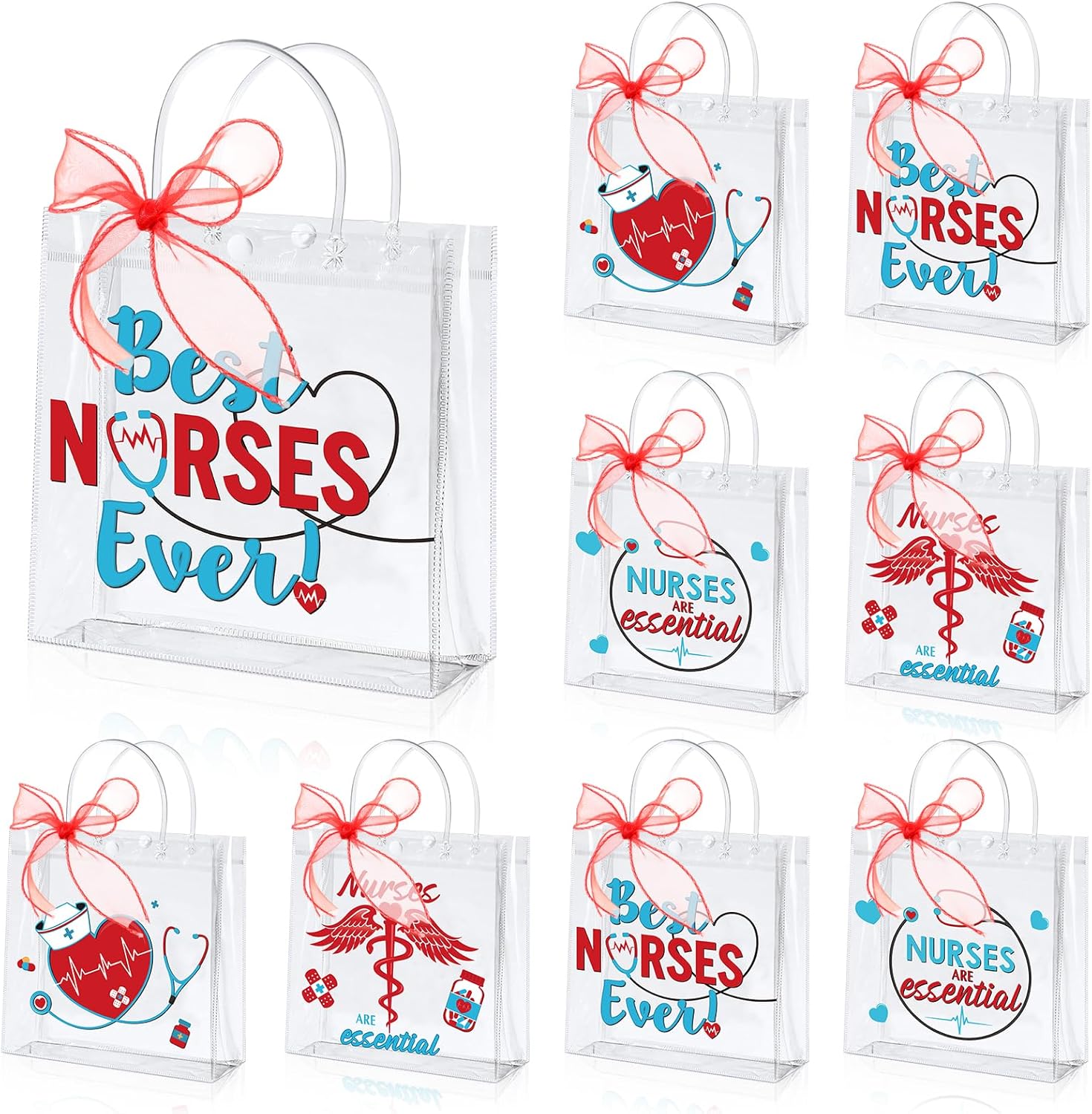 Hosuly 24 Pcs Nurse Clear Plastic Gift Bags with Handles Reusable Red Ribbon PVC Tote Bags Nursing Appreciation Gifts for Nurse Day Week Doctors Healthcare Hospital Worker Party 7.8 x 7.8 x 3.1 Inch