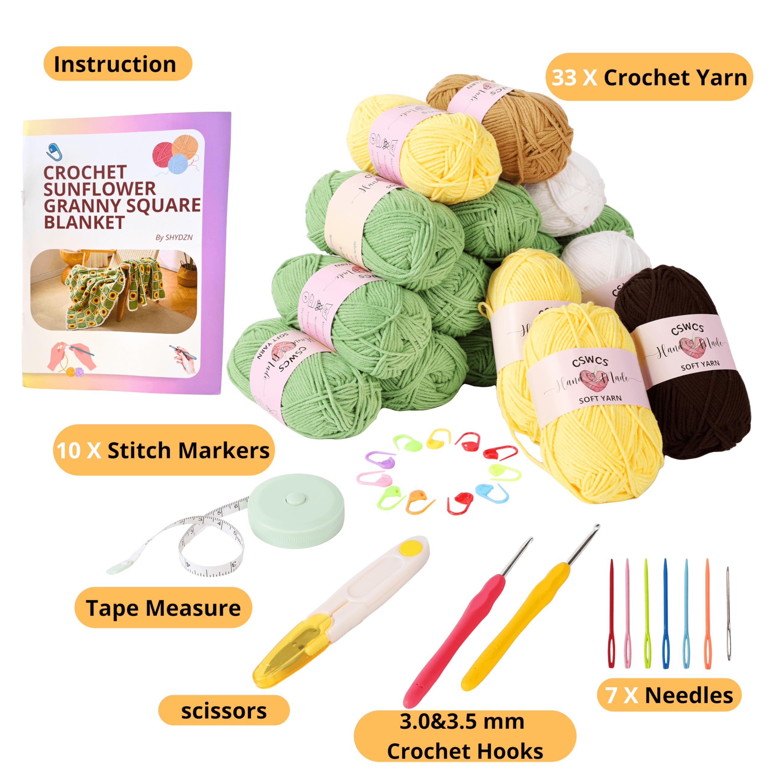 CSWCS Häkeldecken-Set für Anfänger, Sonnenblumen-Oma, quadratisches Häkeldecken-Set für Erwachsene, einfaches Stricken mit Garnzubehör, Buch und Video-Tutorials für Anfänger (119,4 x 99,1 cm)