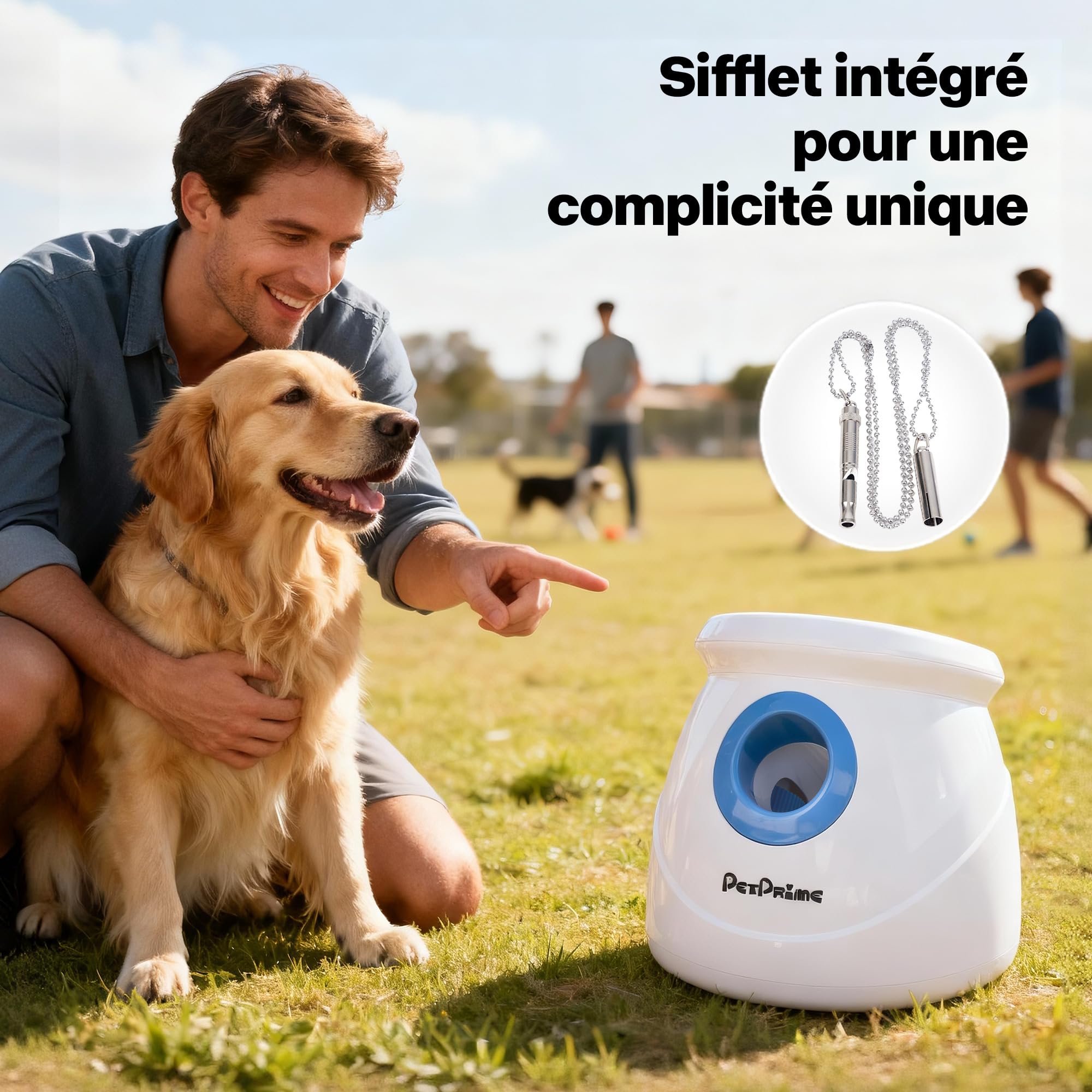 Pet Prime Lanceur de balles Automatique pour Grands Chiens – 6 balles E-TPU 6,35 cm + sifflet – Portée réglable de 3 à 20 m (3 Niveaux de tir) – Batterie Rechargeable – Jouet interactif