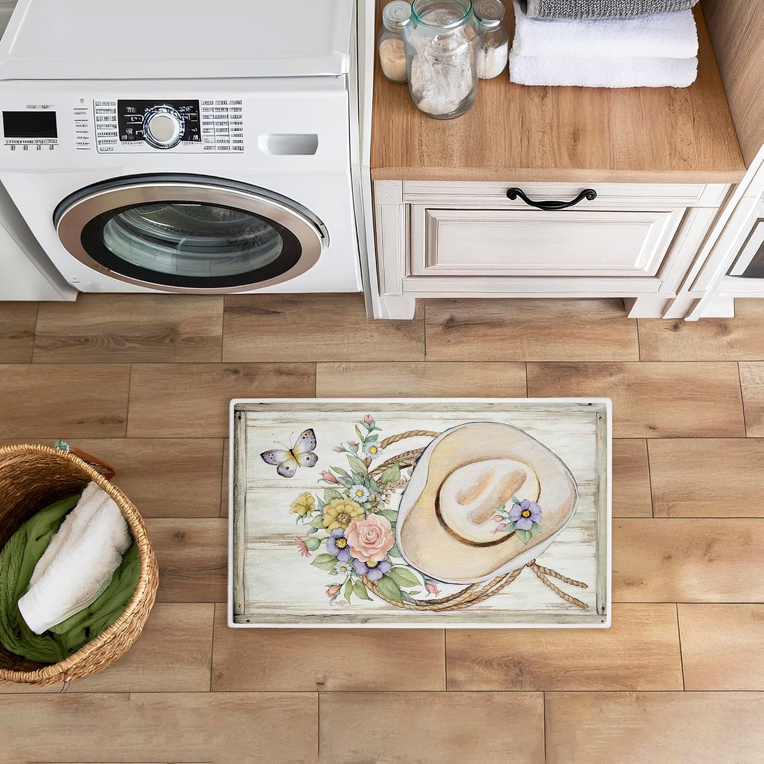 Stupell Industries Shabby Chic Floral Cowboy Hat Plush Bathroom Mat & Bath Rug, Soft Quick-Dry Non-Slip Bathroom Rug with Recycled Foam Cushion, Western Floral Country Design by Susan Winget, 18"x30"