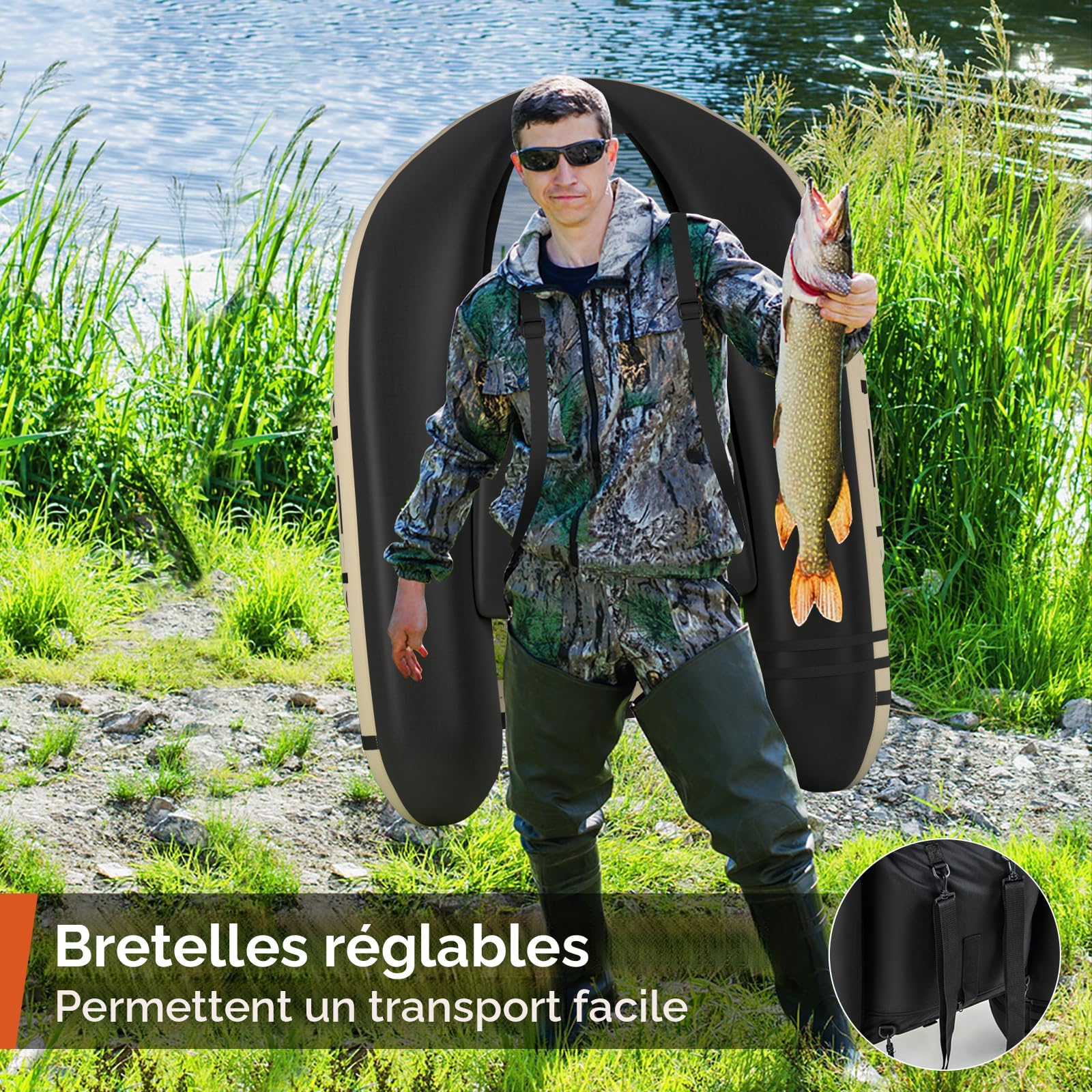 GYMAX Float Tube Gonflable Pour Pêche – Charge 150kg, Inclus Pagaie, Palmes, Porte-Canne, Règle, Pompe Et Sac à Dos – Camouflage