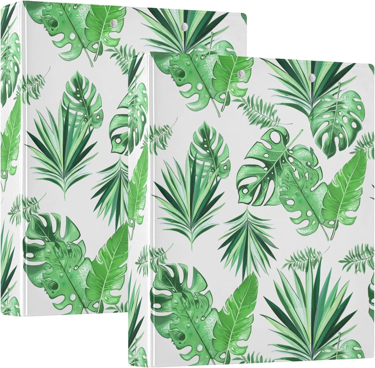 Various Tropical Leaves 3 Ring Binders, 1.5” Round Ring Binders with Clipboard - Letter Size, 3 Interior PVC Clear Pockets & Anti-Slip Clip for Office School Supplies, 2PCS