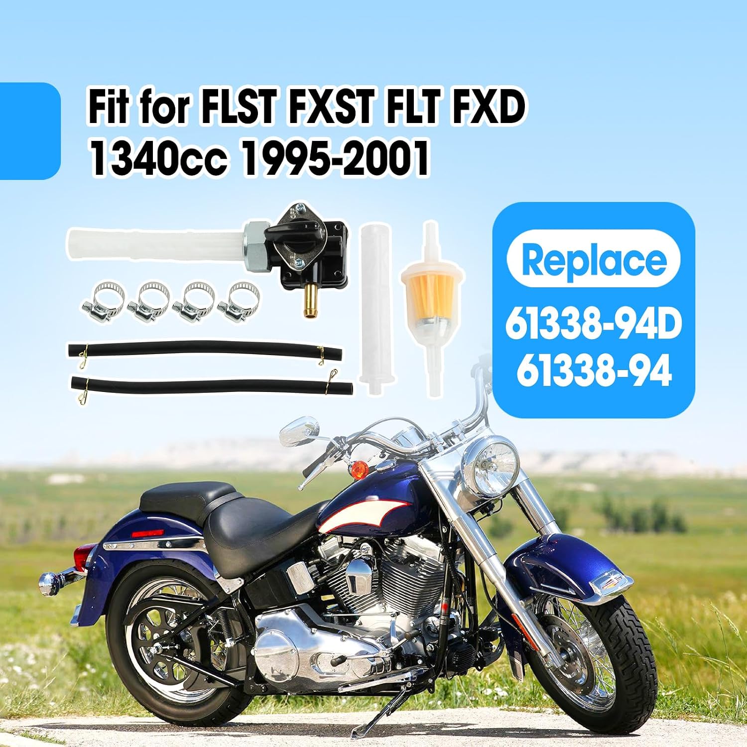 Motorcycle Fuel Valve Petcock with Male Thread Kit Replace 61338-94D Fit for FLST FXST FLT FXD 1340cc 1995-2001, Fuel Shutoff Valve with Hoses Clamps Filter