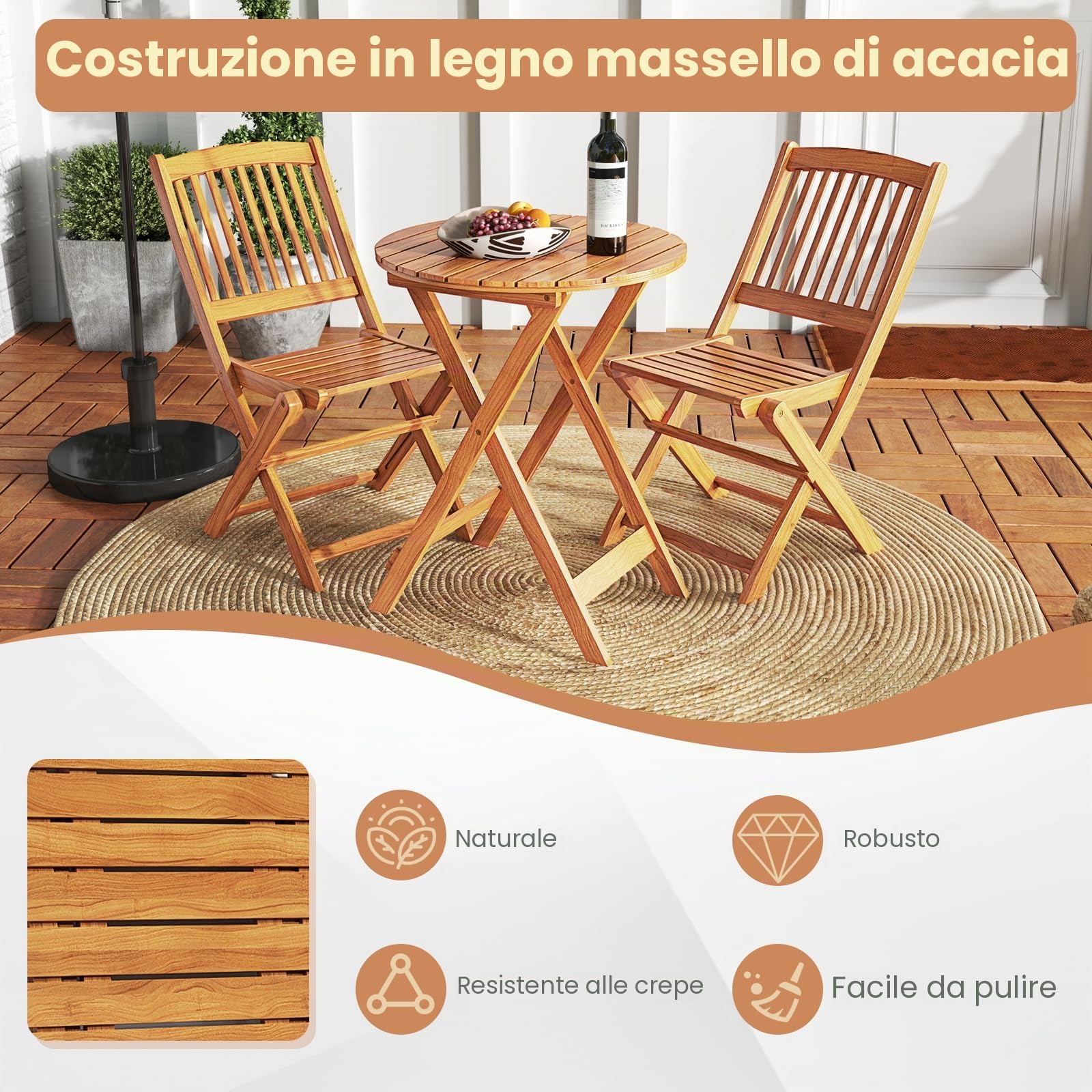 GIANTEX Set da Giardino 2 Posti in Legno di Acacia, Tavolo da Giardino Esterno con Sedia Pieghevole, 2 Cuscini Rimovibili, per Terrazza, Balcone, Bistrot (Grigio + Naturale)