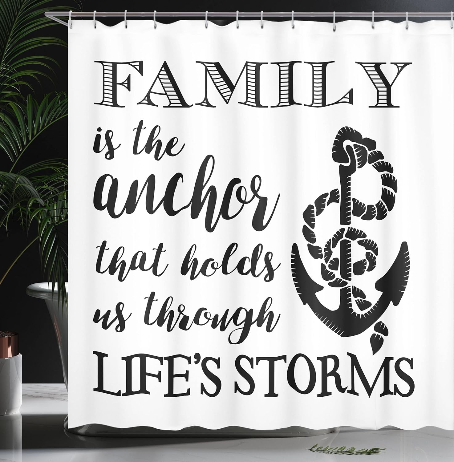 Ambesonne Saying Shower Curtain, Family is Anchor That Holds Us Inspiration Writing Anchor, Cloth Fabric Bathroom Decor Set with Hooks, 69" W x 70" L, Black and White