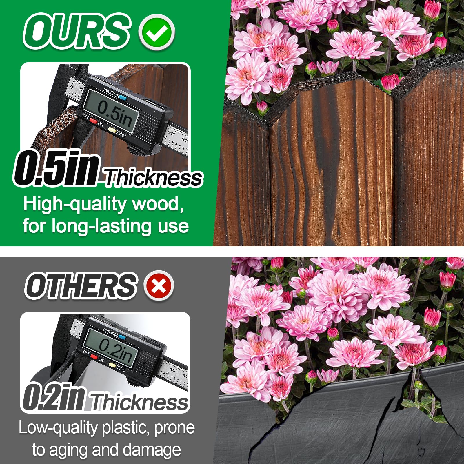 2 bordes de paisaje de 8 pies x 8 pulgadas, borde de valla de jardín de madera de pino resistente, fácil de instalar, valla de madera para jardín al aire libre, patio, cama de flores, césped, árbol de