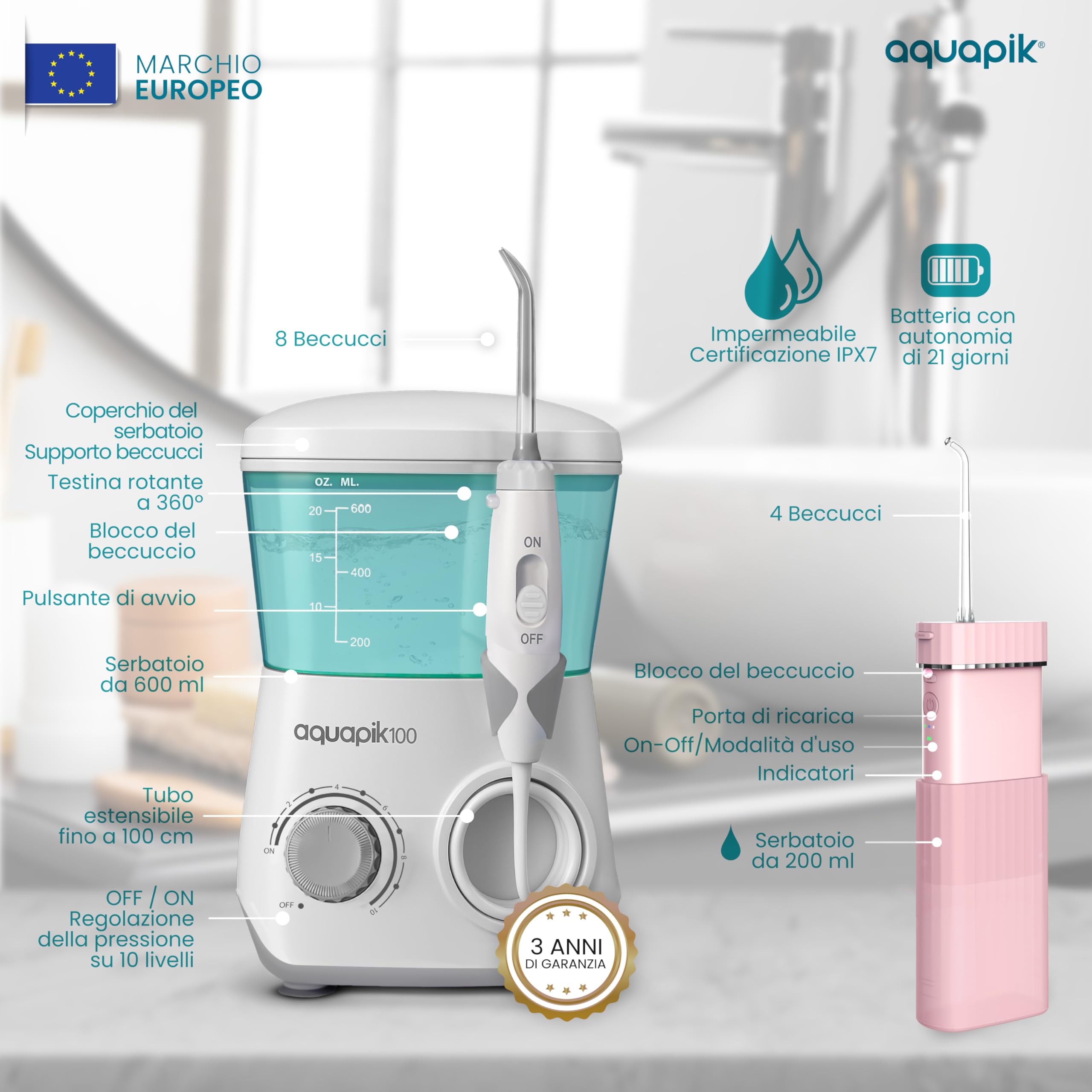 Aquapik® 100 idropulsore dentale Professionale | Elimina la Placca + Raccomandato dai dentisti + Cura i tuoi Impianti e Ortodonzia | 8 Ugelli + 10 Livelli di Pressione (Bianco - Biancio)